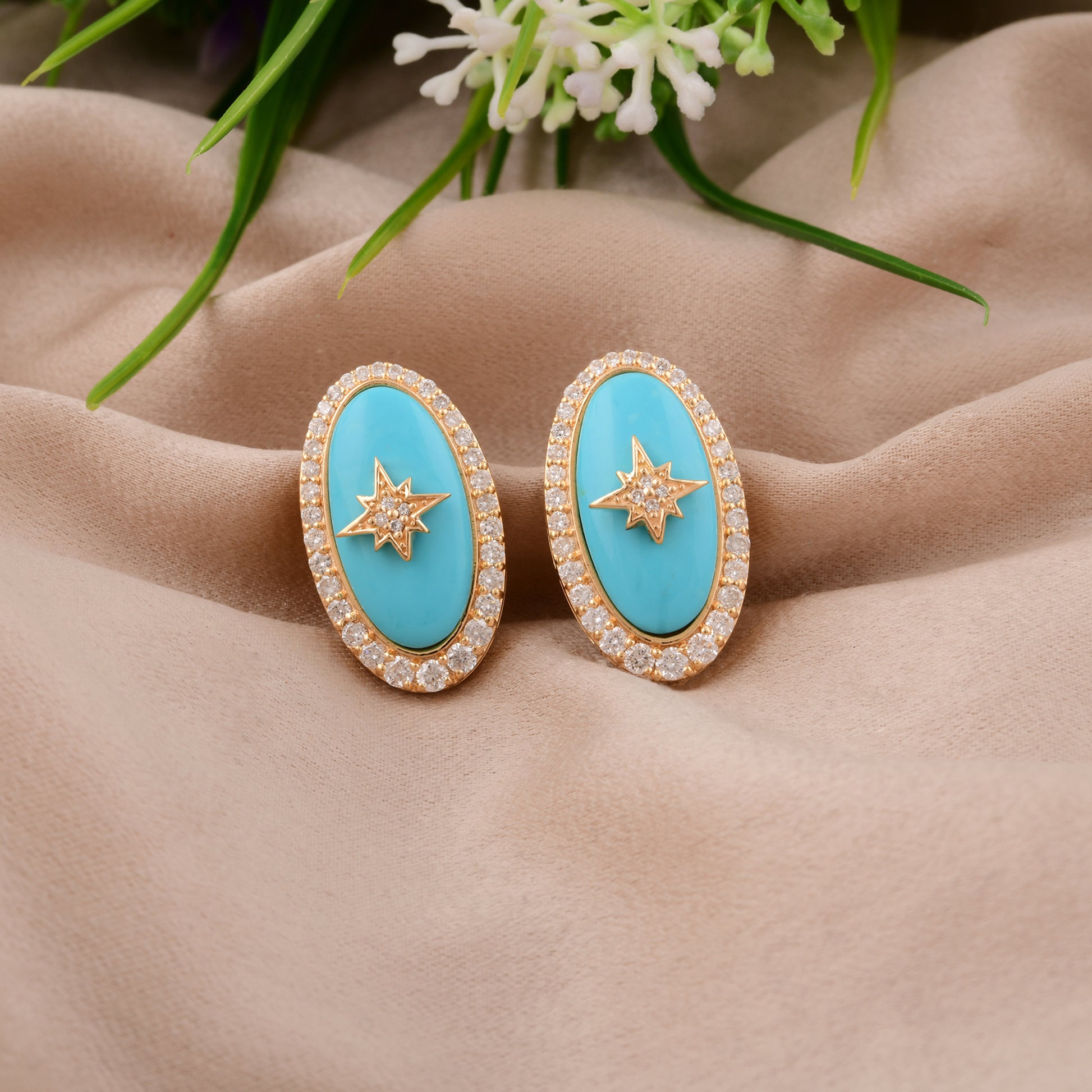 Statement 8.65Tcw Diamond Oval Cut Blue Turquoise Stud Earrings in Gold