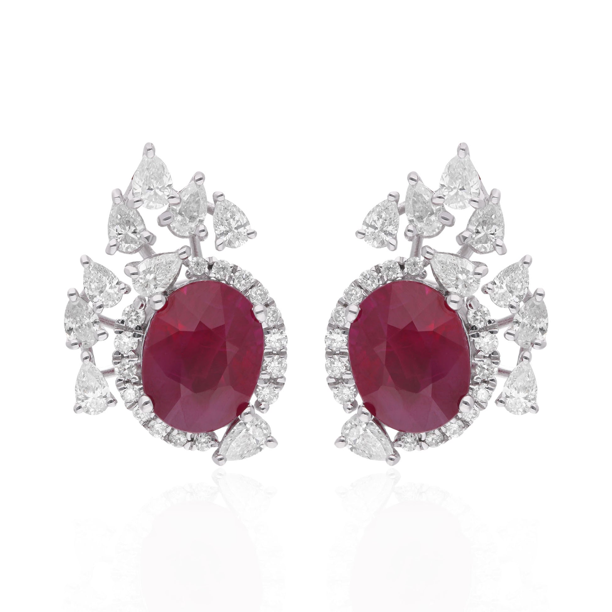 Statement Fine Gold 4.15Ct. Ruby & Halo Diamond Cluster Stud Earrings