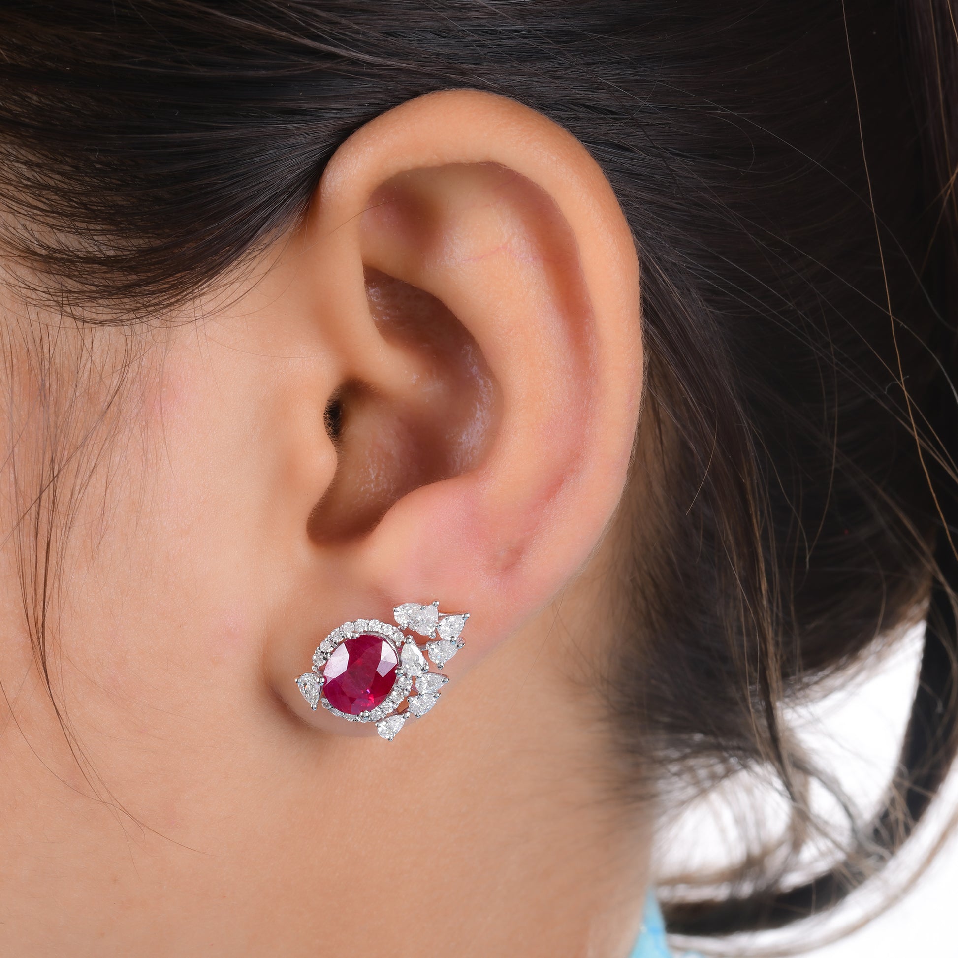 Statement Fine Gold 4.15Ct. Ruby & Halo Diamond Cluster Stud Earrings