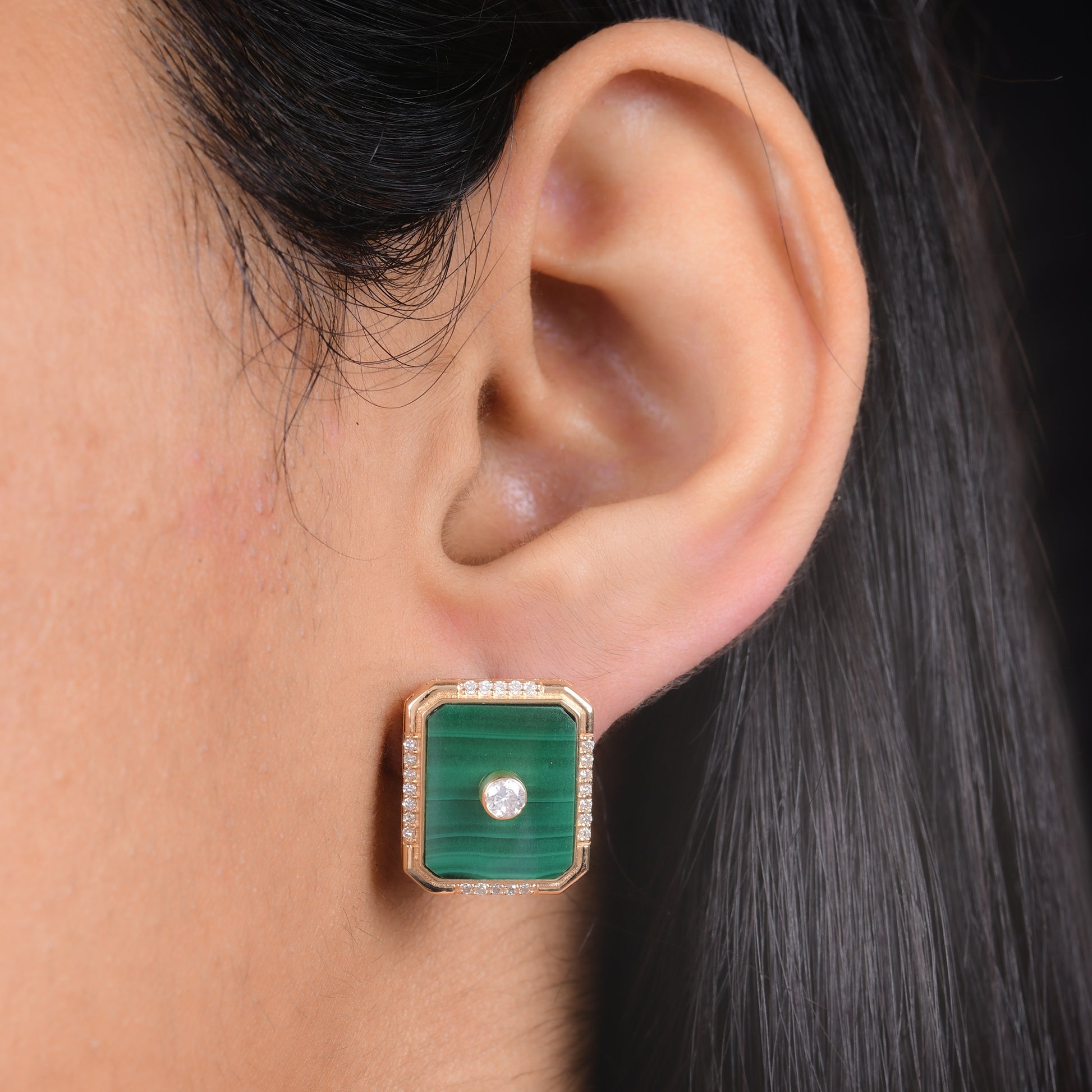 Elegant Solid Gold Bezel Set Malachite & Natural Diamond Stud Earrings