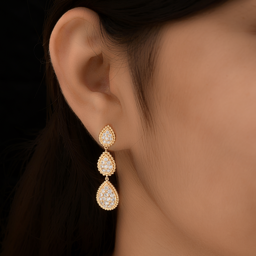 1.75 Carat Round Cut Pave Set Natural Diamond Charm Gold Dangle Earrings