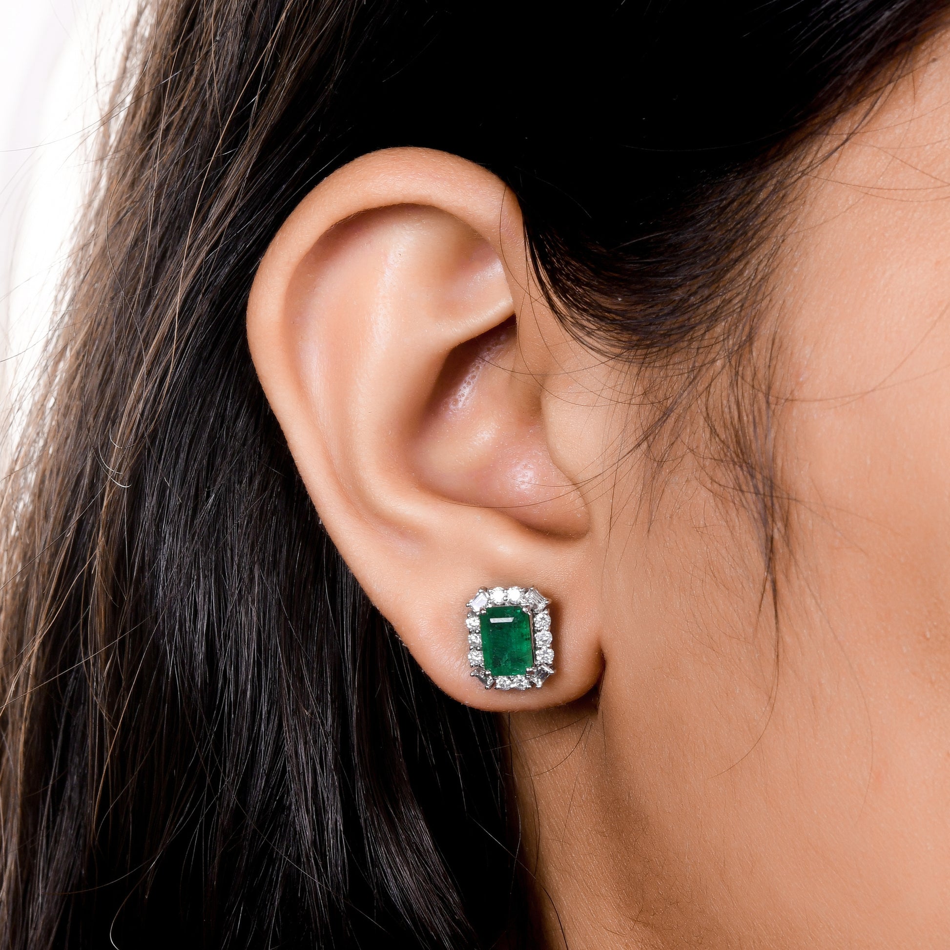 2.41Tcw Baguette Cut Zambian Emerald Halo Diamond Gold Stud Earrings