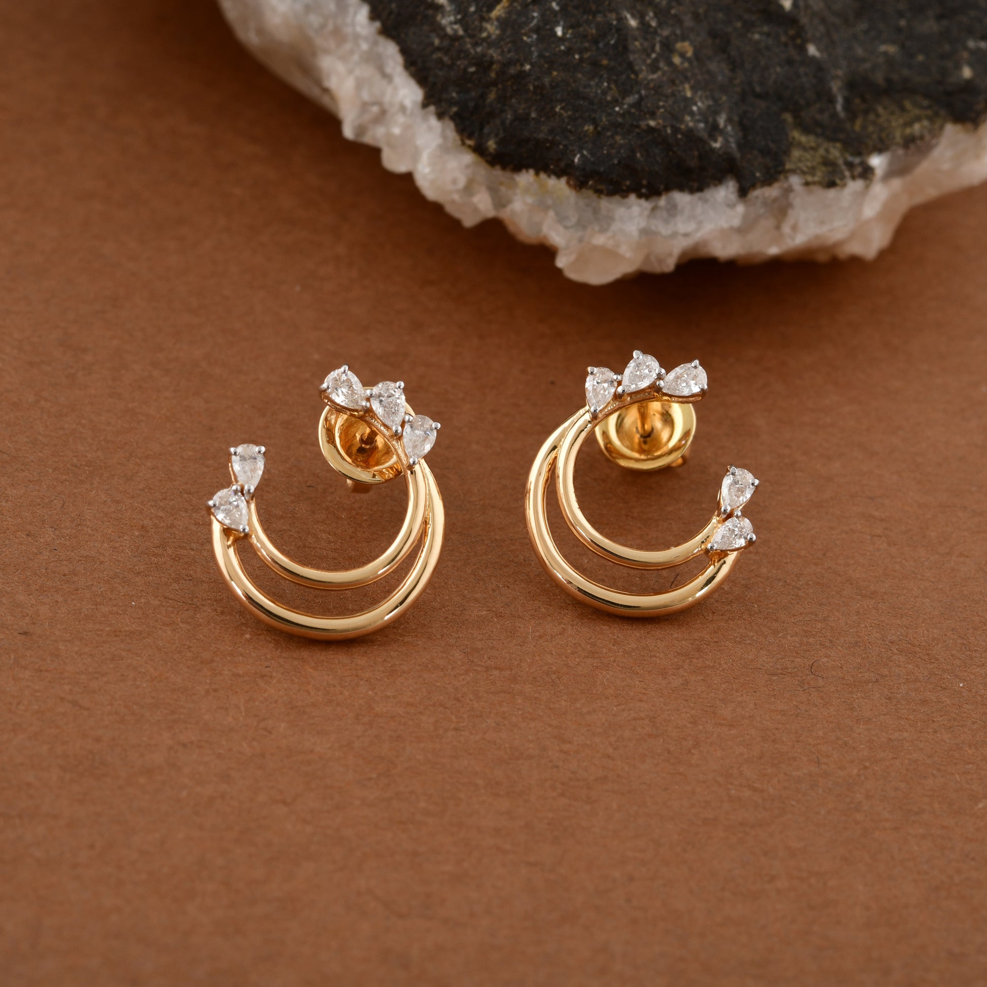 Natural SI Clarity HI Color Pear Cut Diamond Gold Hoop Earrings