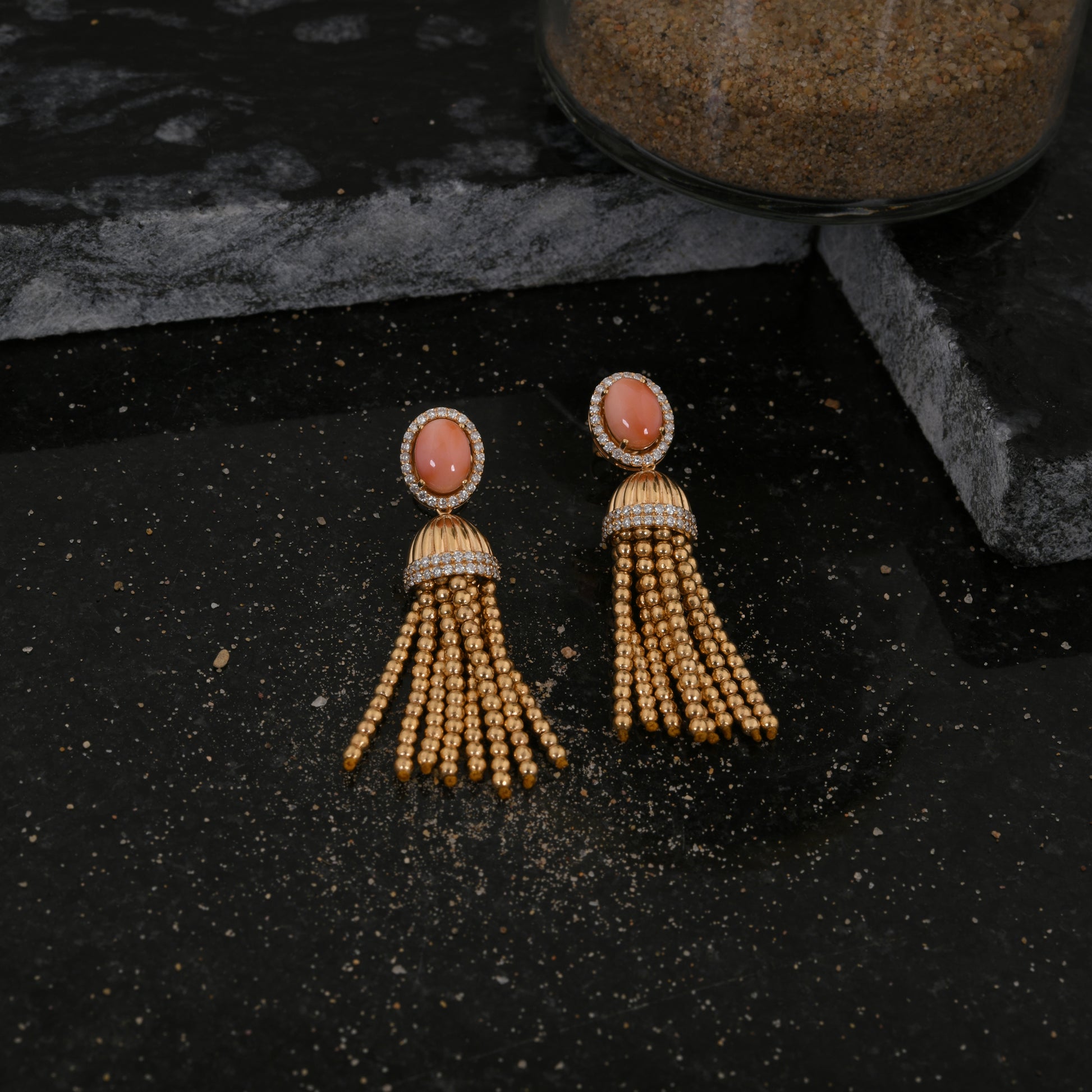 Oval Cut 3.44Tcw Coral Gemstone Tassels Dangle Earrings In Fine Gold