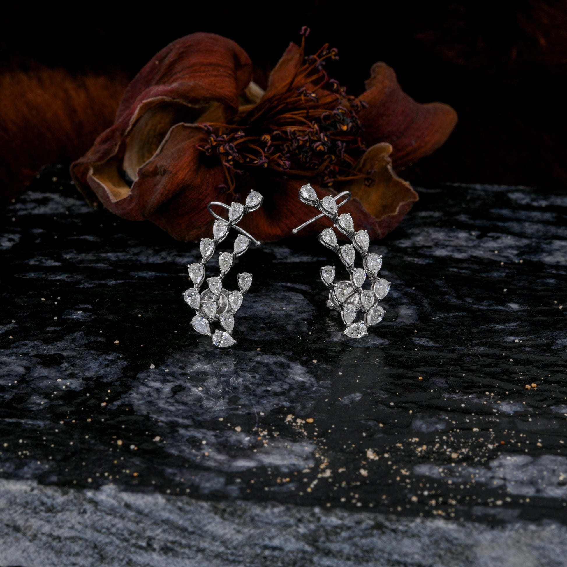 3.41Ct Pear Cut Natural Diamond Ear Climber Earrings In Fine Gold