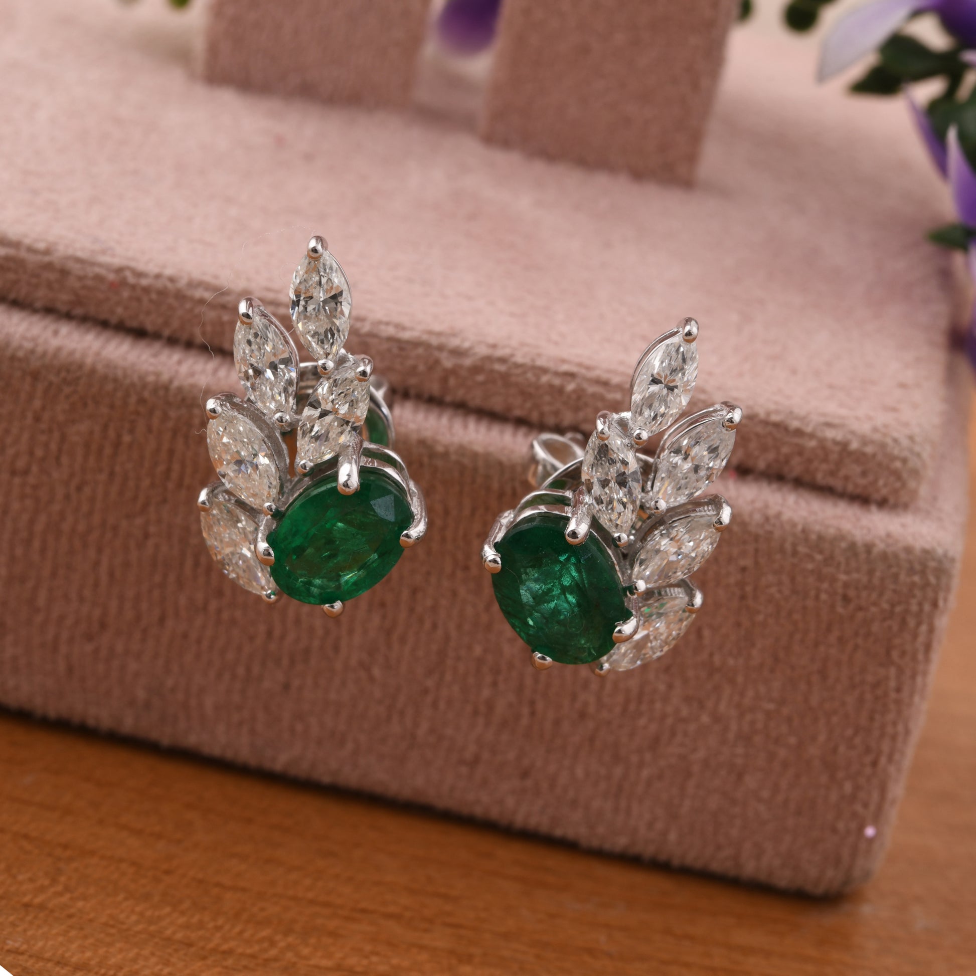 2.95Ct Oval Cut Zambian Emerald Petals Diamond Stud Earrings In Fine Gold