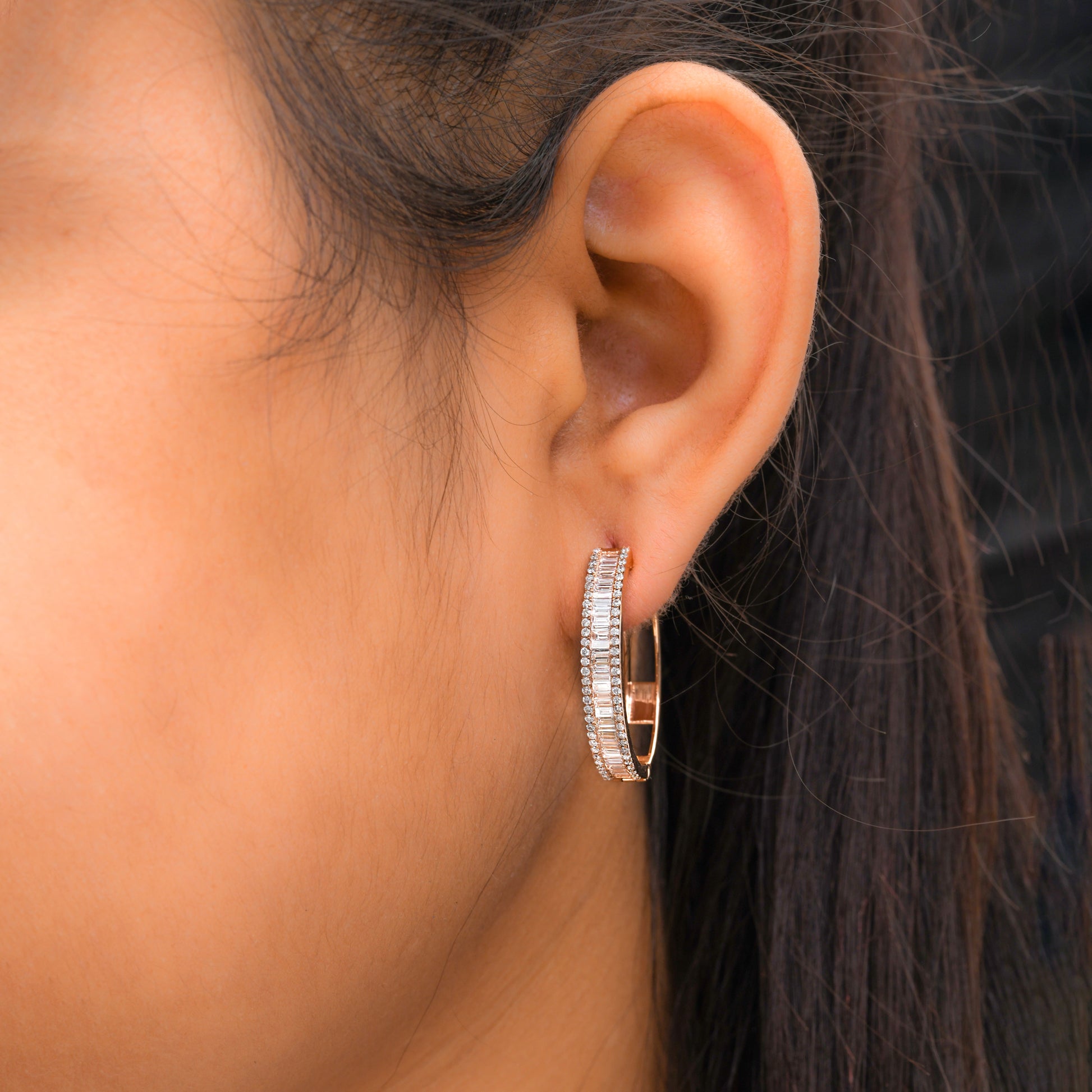 1.66Ct Baguette Natural Diamond Hoop Anniversary Earrings In Fine Gold