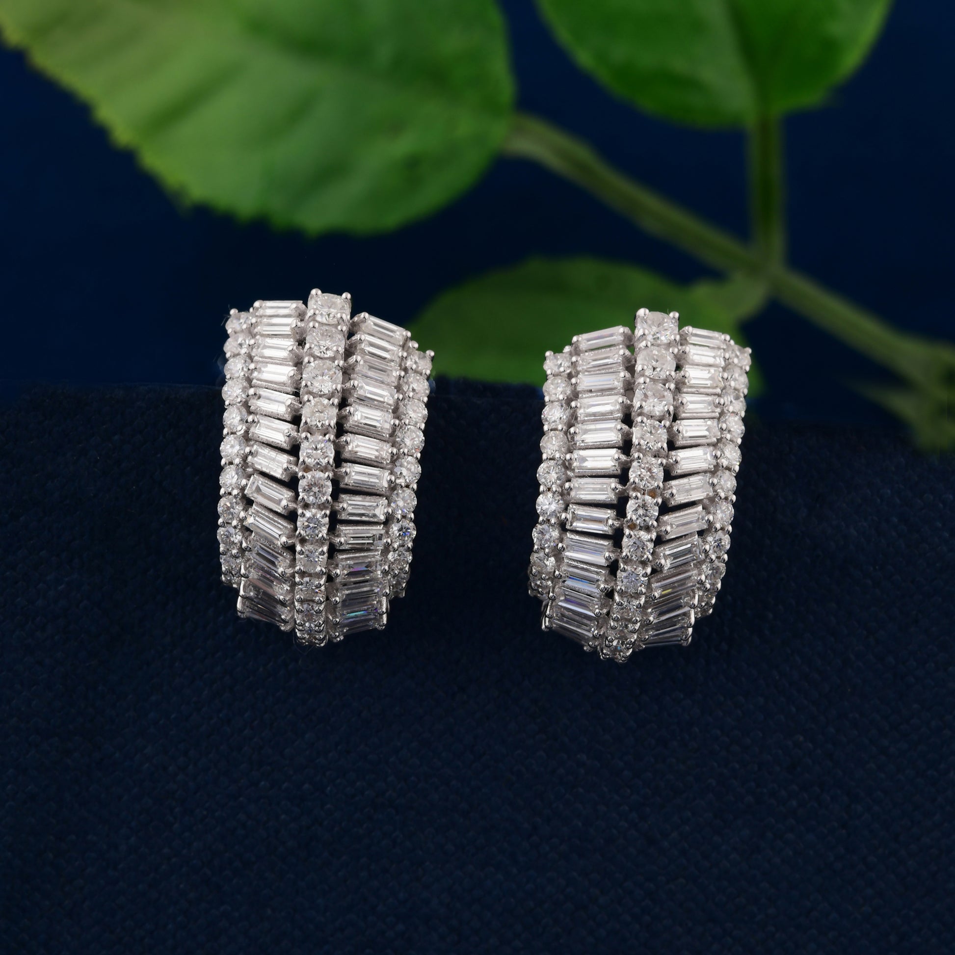 3.78Carat Natural Baguette & Round Cut Diamond Fine Gold Earrings