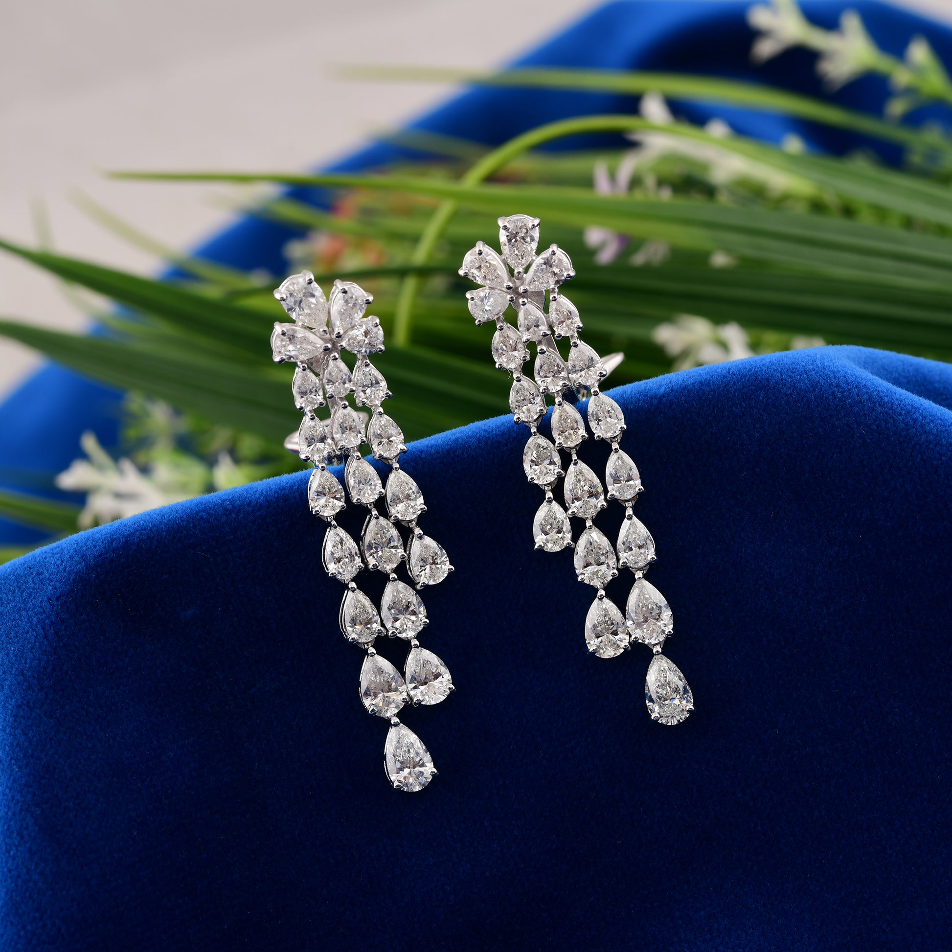 Floral Pear Shaped Diamond Cluster Drop Statement Earrings