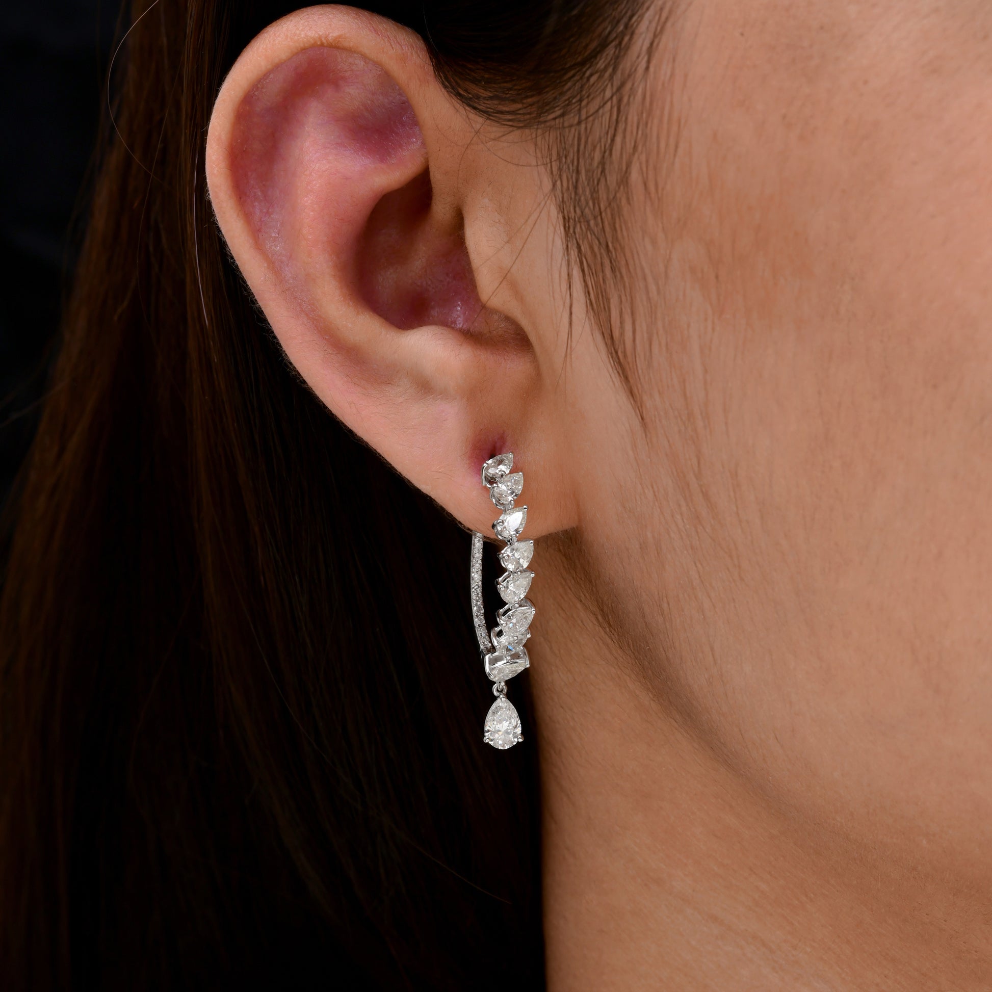 Handcrafted Fine Gold 3.08 Carat Pear Cut Diamond Hoop Earrings