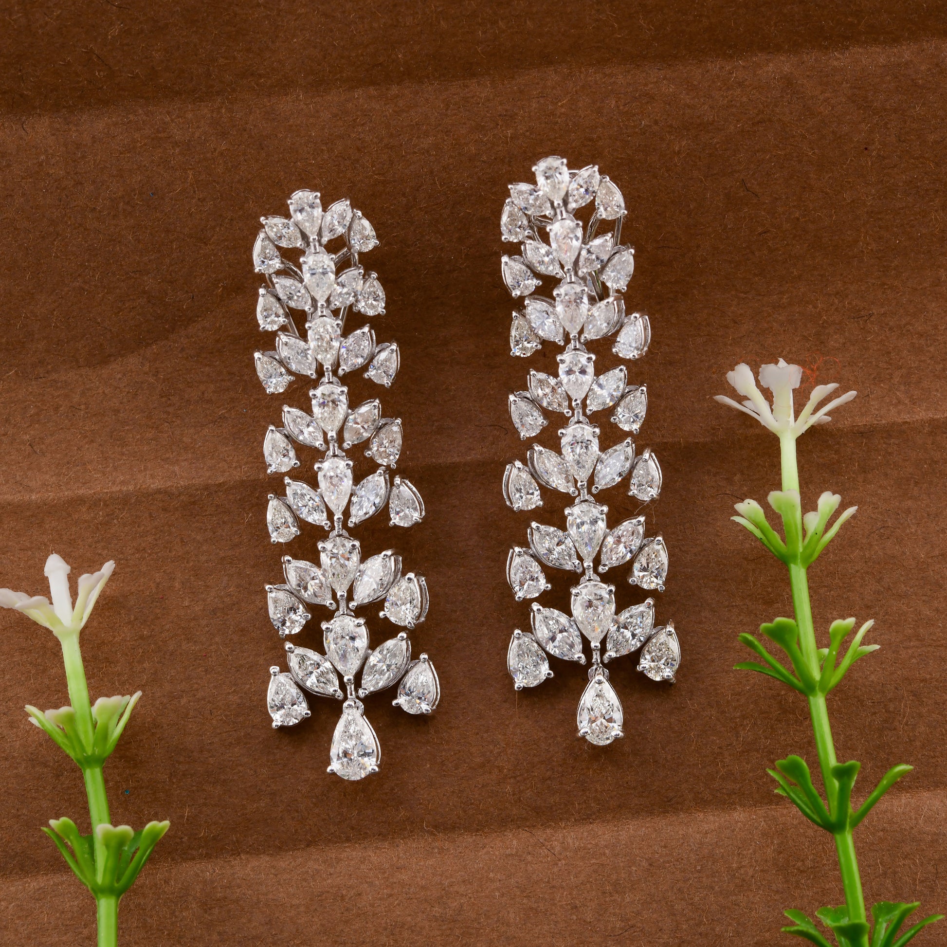 Certified Leaf Motif Natural Diamond Fine Gold Dangle Drop Earrings