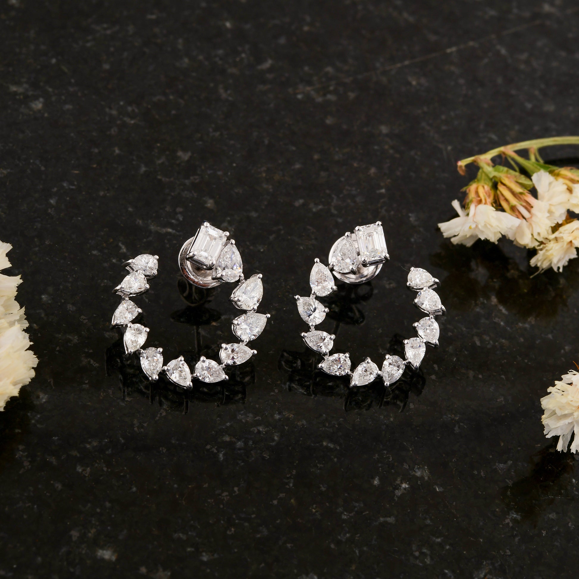 3.68Ct Pear Shape Diamond C-Hoop Huggies Earrings In Fine Gold