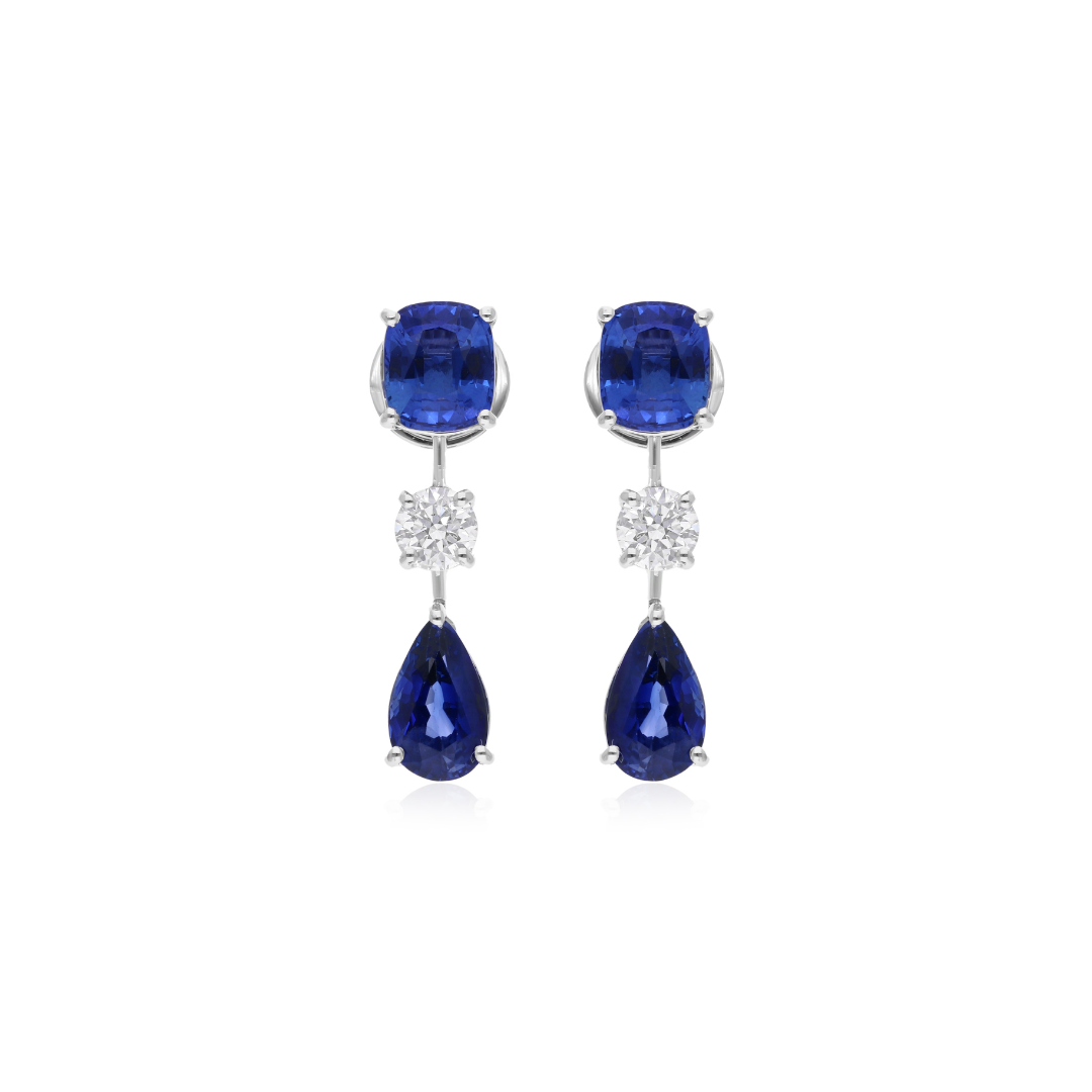 6.32 Tcw Blue Sapphire and Round Cut Natural Diamond Dangle Earrings