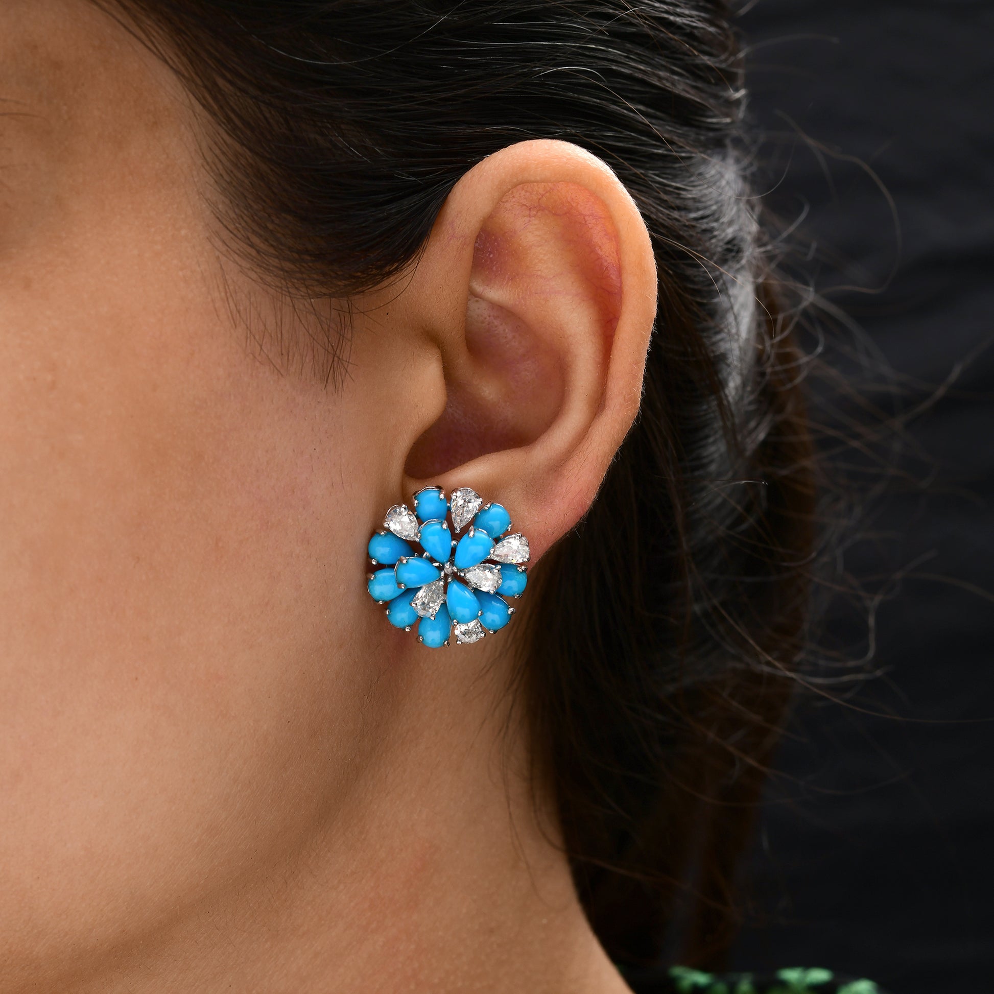Delicate 10.97Tcw Pear Cut Prong Set Arizona Turquoise Diamond Stud Earrings