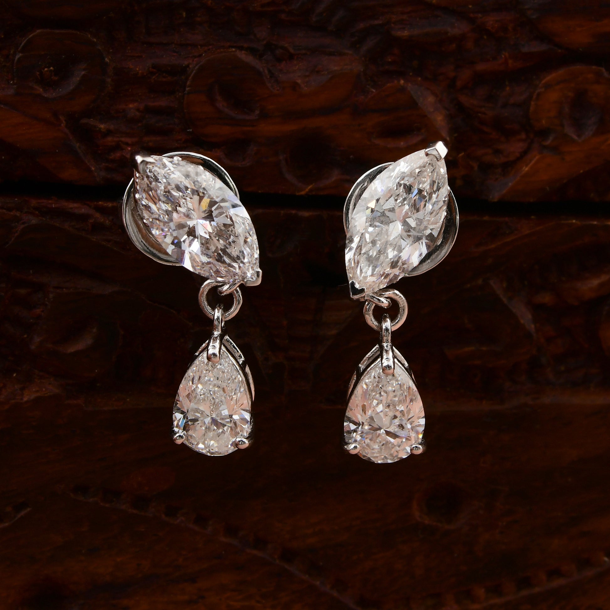 3.44 Carat Natural SI/HI Pear Marquise Cut Diamond Drop Earrings