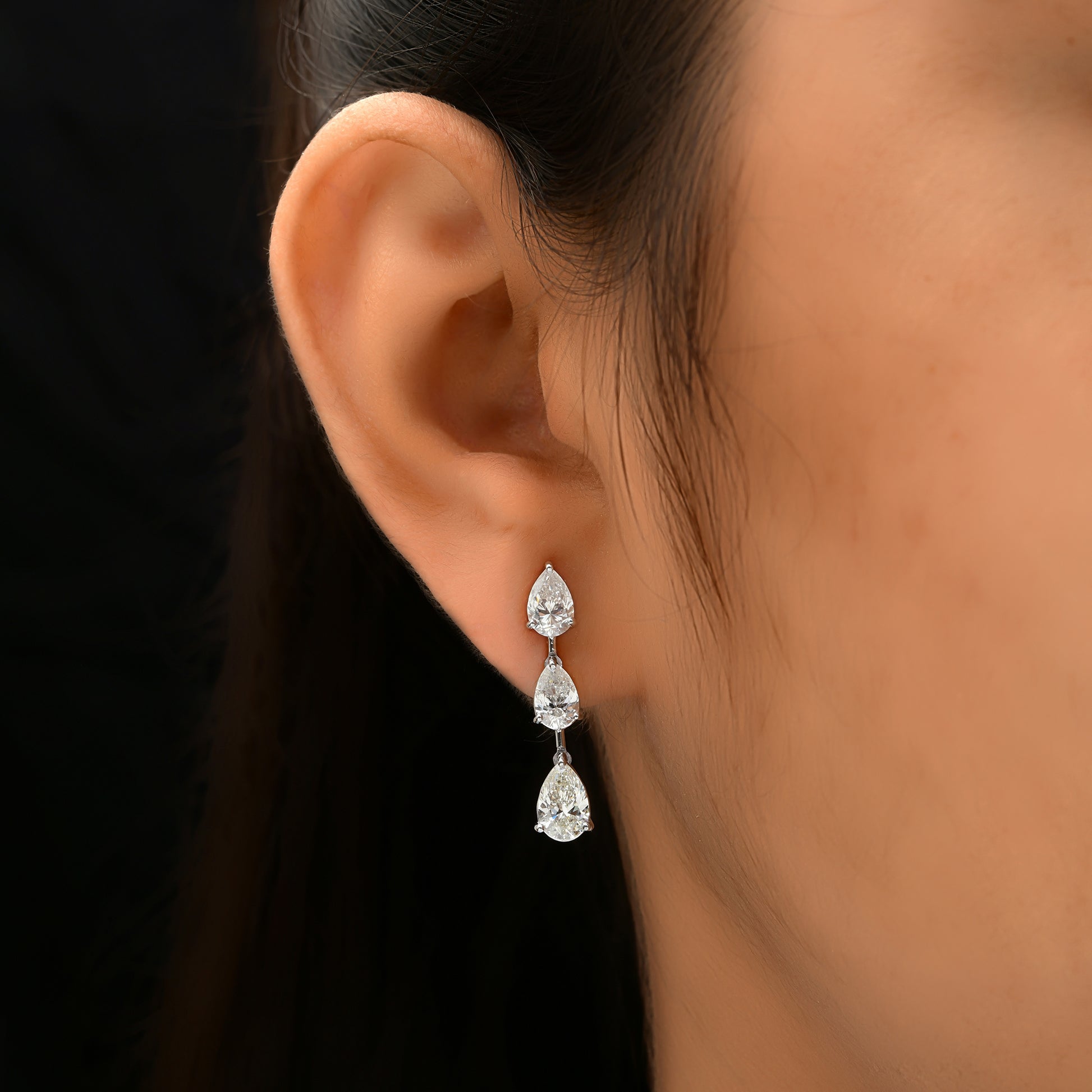 Three Pear Cut 4.06 Carat Natural Diamond Teardrop Earrings