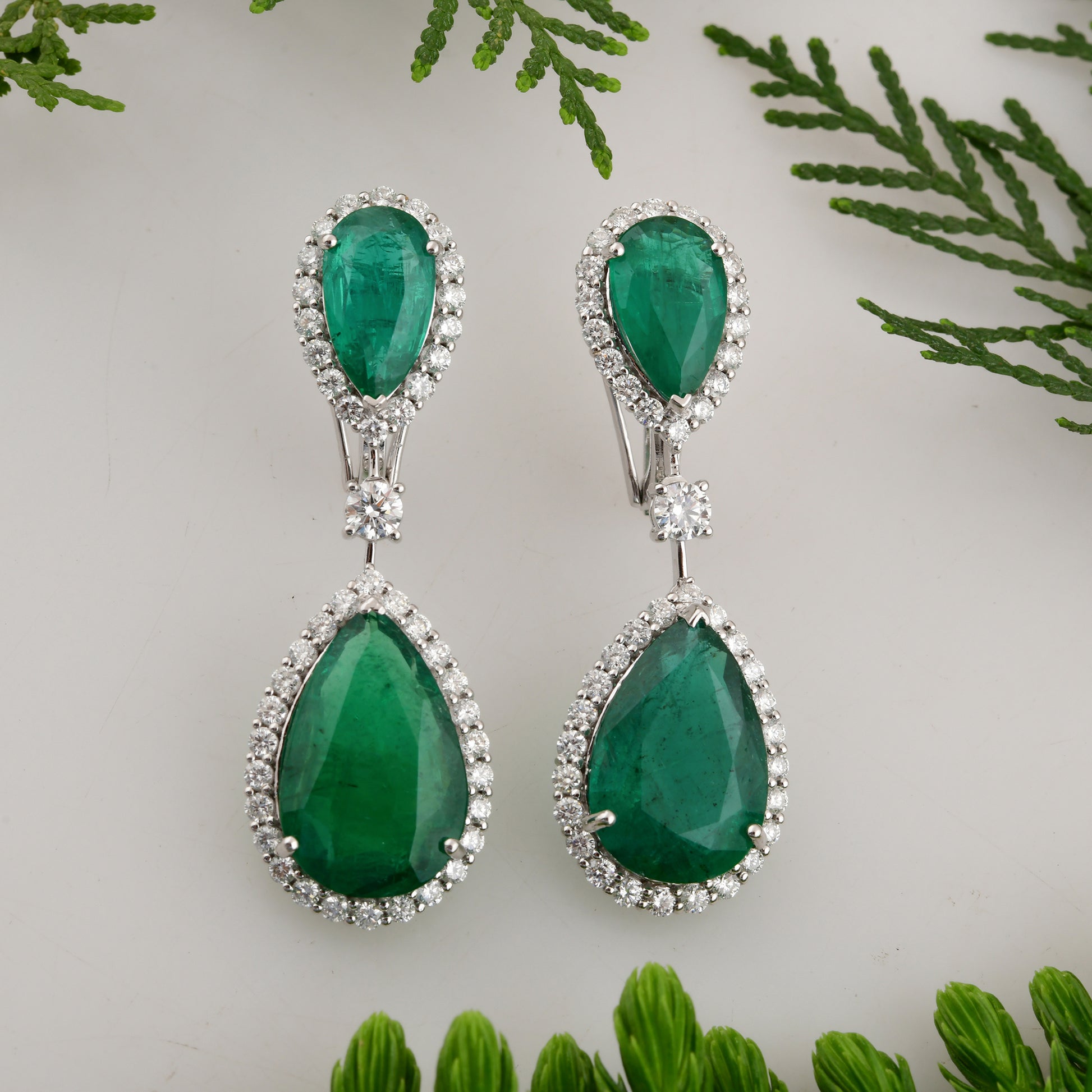 Certified 23.17Tcw Natural Zambian Emerald Halo Diamond Gold Dangle Drop Clip-On Earrings