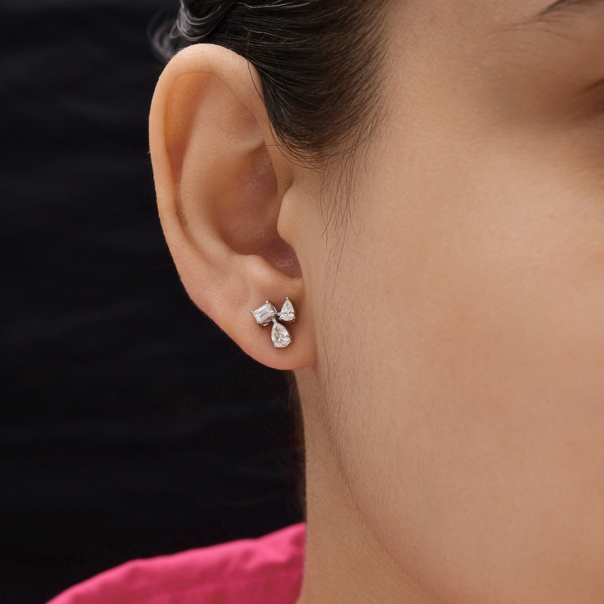 Natural Cluster Trio Diamond Gold Stud Earrings with Push Back