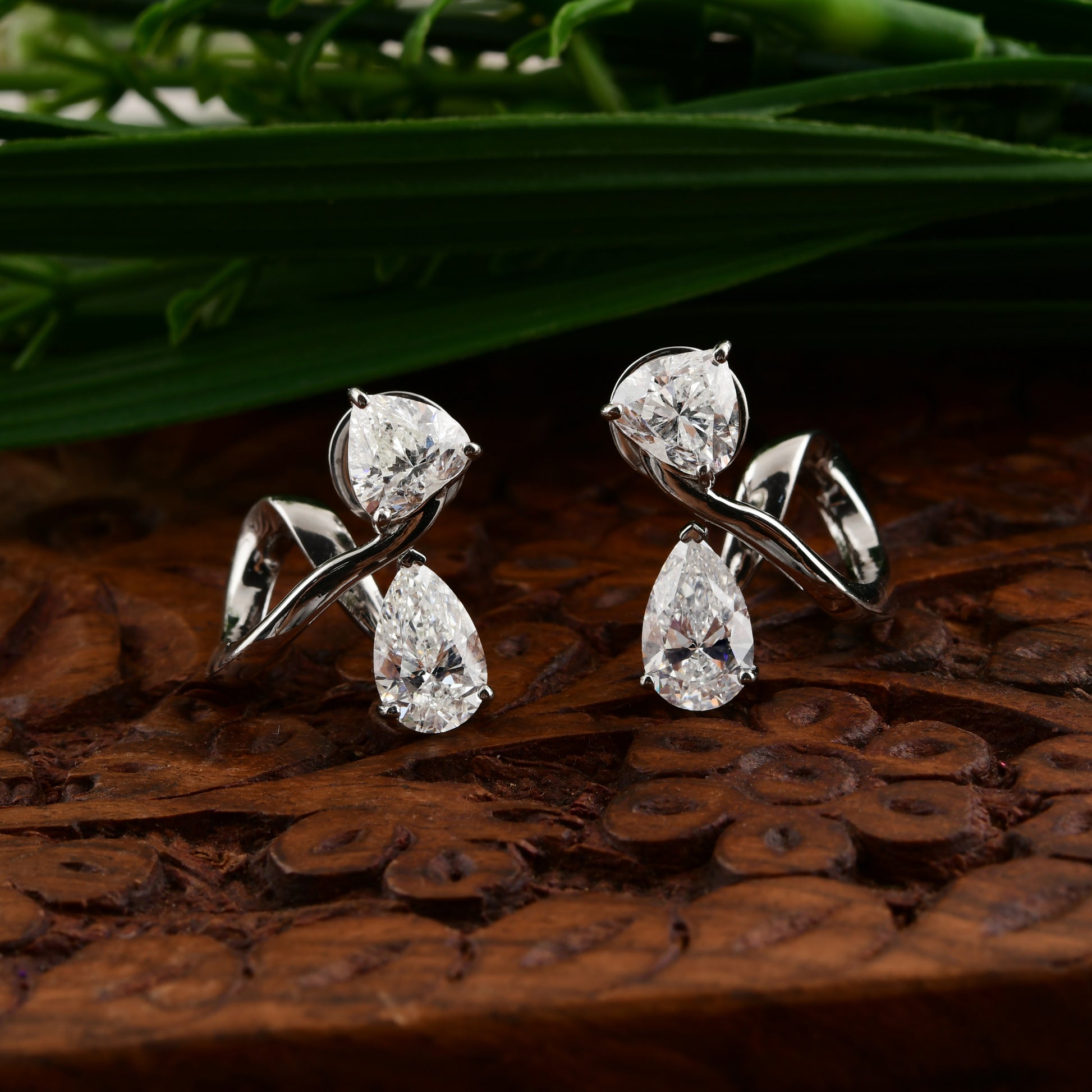 Twist Design Natural Diamond Earrings with Pear & Heart Cut Stones