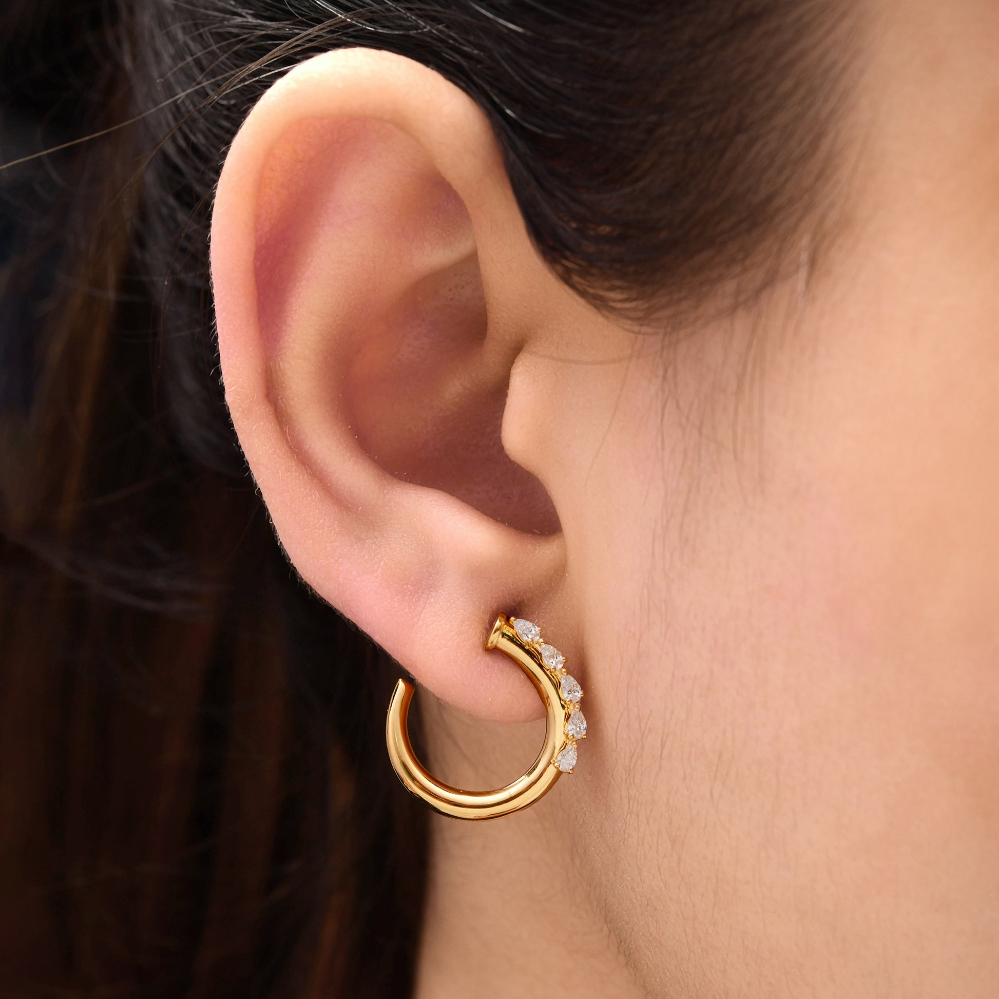 Classic Open Cuff Pear Cut Natural Diamond Gold Hoop Earrings