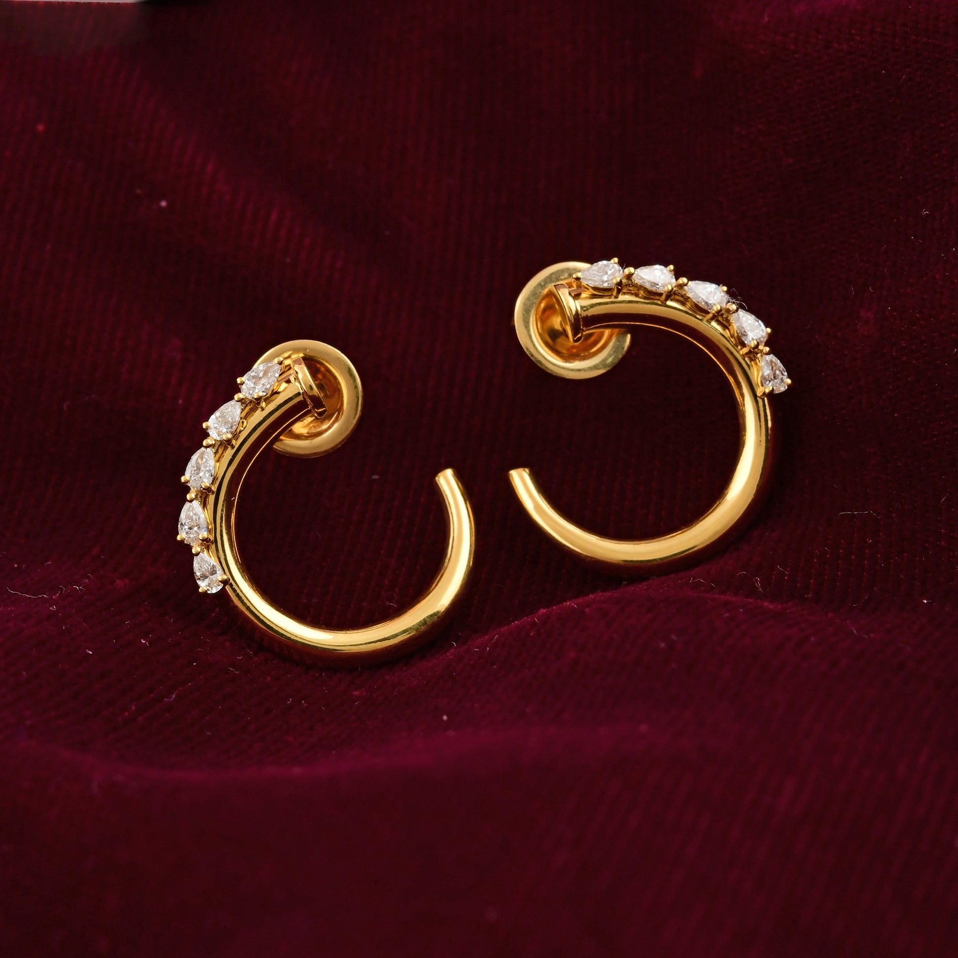 Classic Open Cuff Pear Cut Natural Diamond Gold Hoop Earrings