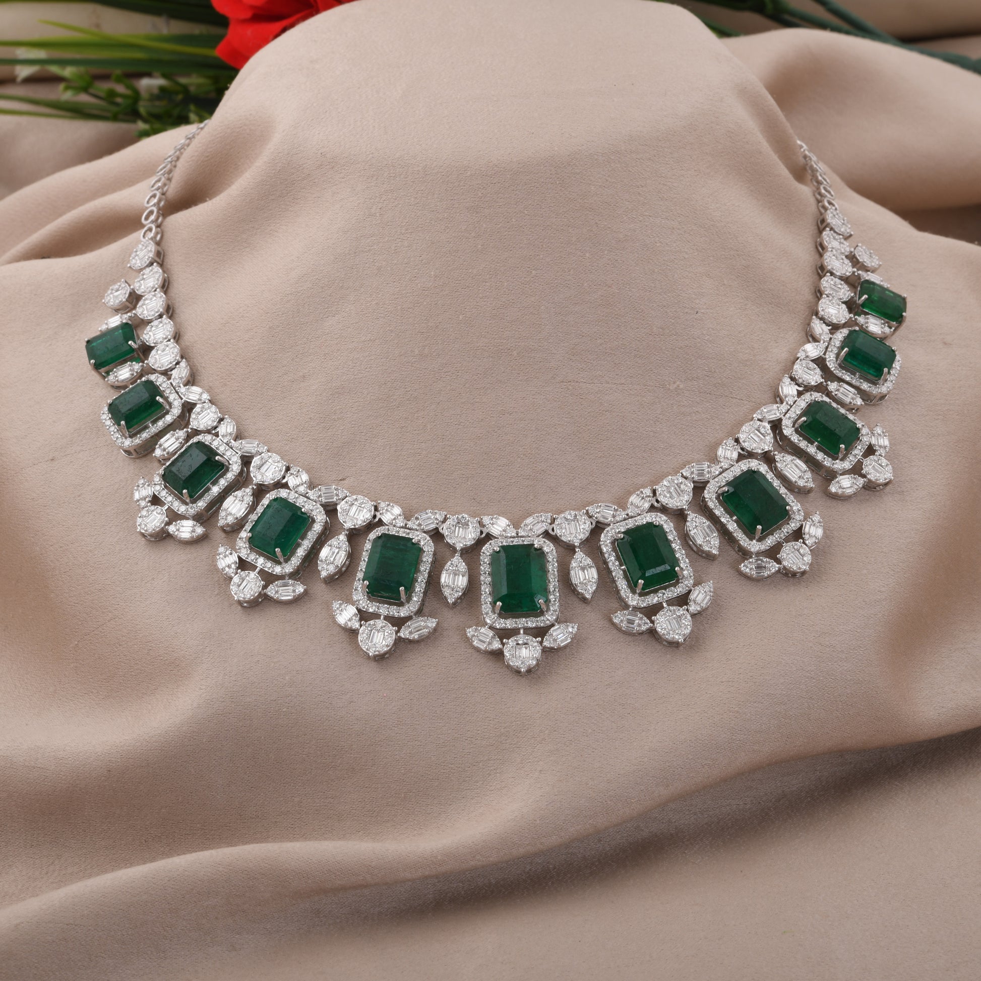 41.64 Tcw Zambian Emerald SI/H Baguette Diamond Cluster Necklace