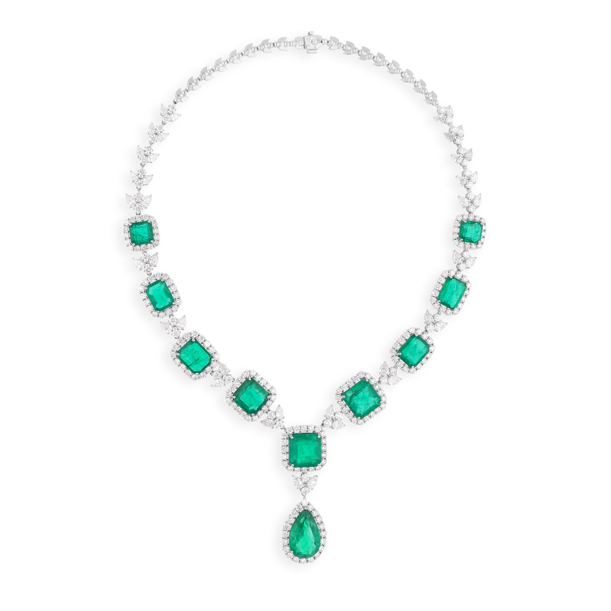 Bridal Natural Zambian Emerald Diamond Halo Fine Gold Drop Necklace