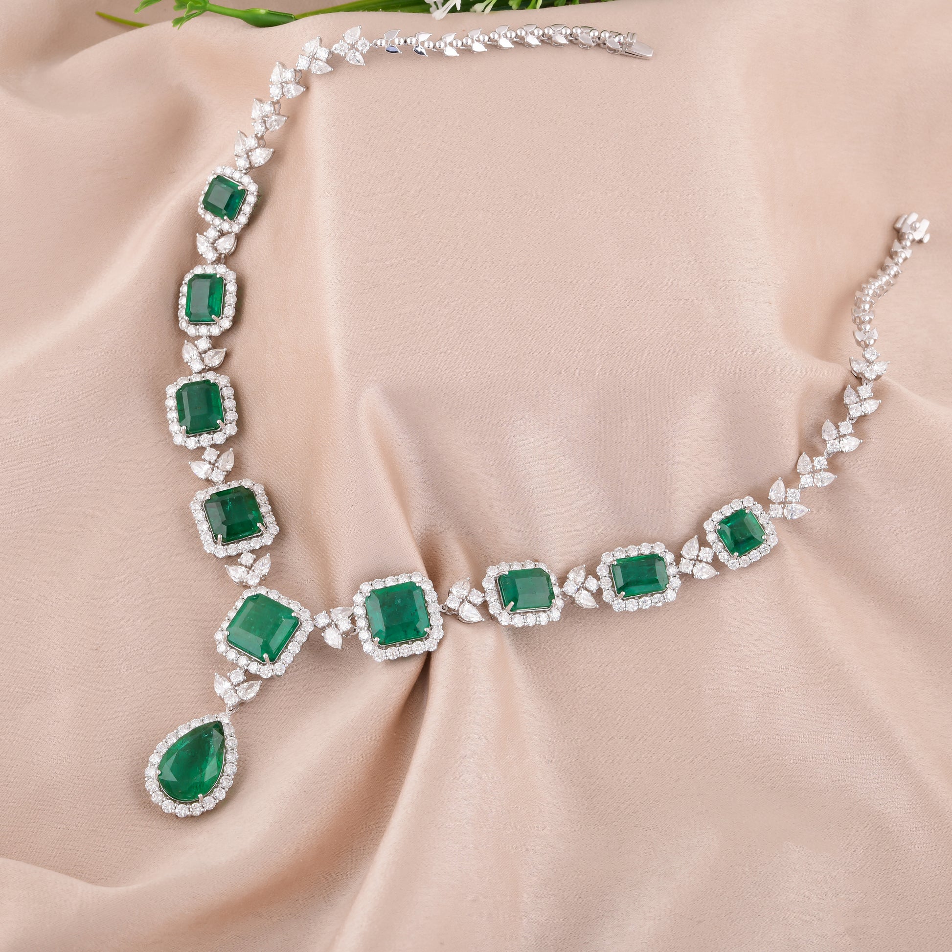 Bridal Natural Zambian Emerald Diamond Halo Fine Gold Drop Necklace