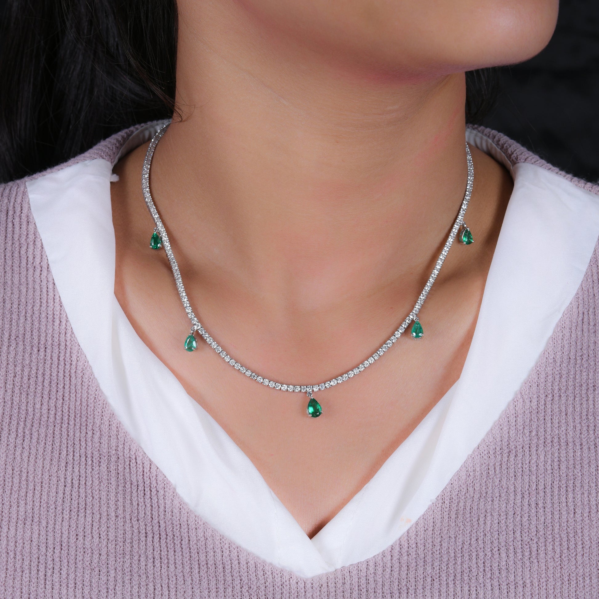 7.57 TCW Zambian Teardrop Dangle Emerald H/SI Diamond Necklace