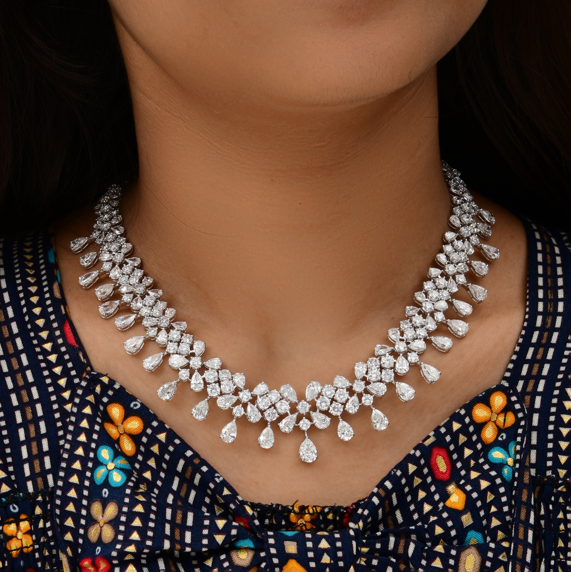 50.46 Ct. Natural SI/HI Round Pear Cut Diamond Cluster Necklace Wedding Gift