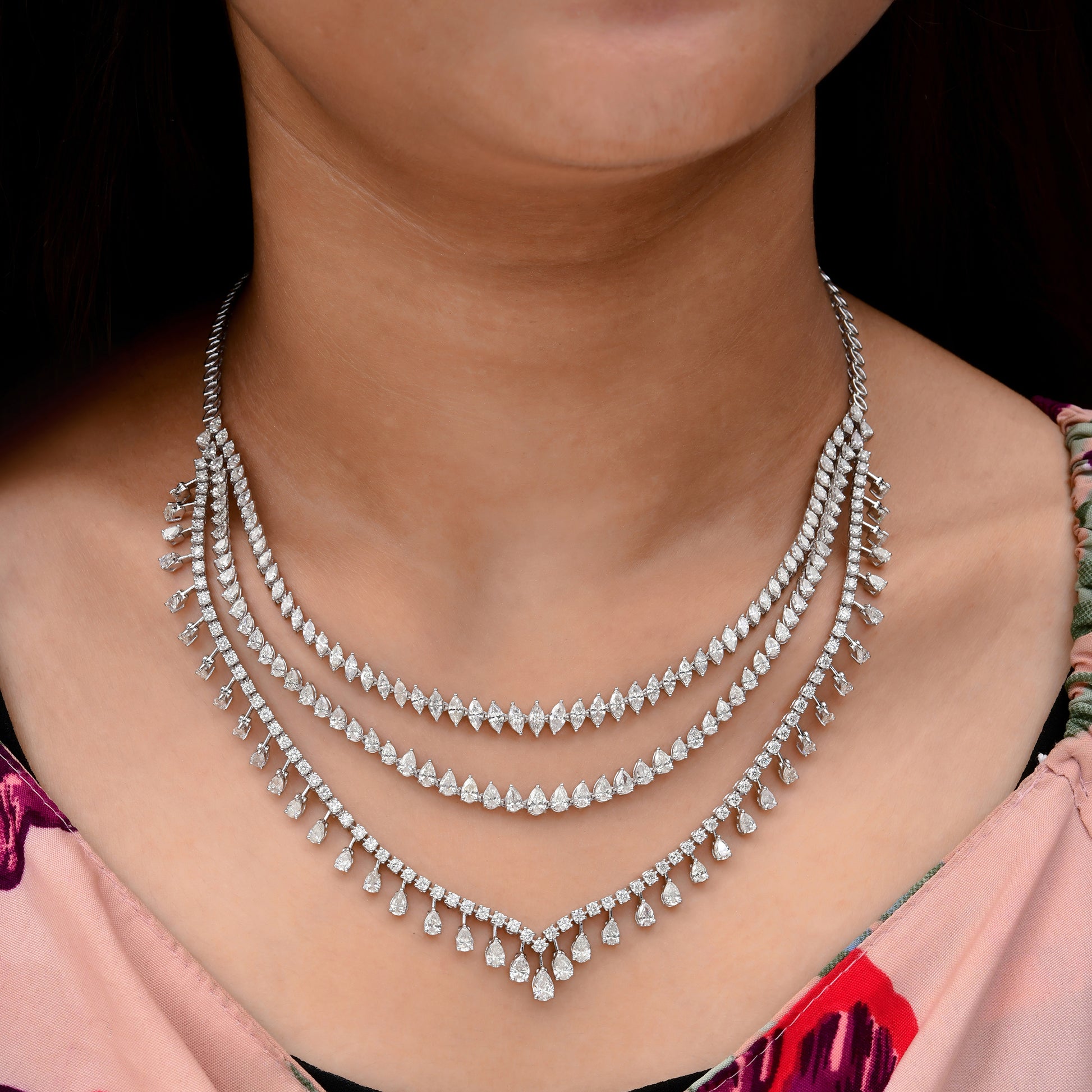 Fine Gold 17.55 Carat Multi Cut Natural Diamond Layered Wedding Necklace