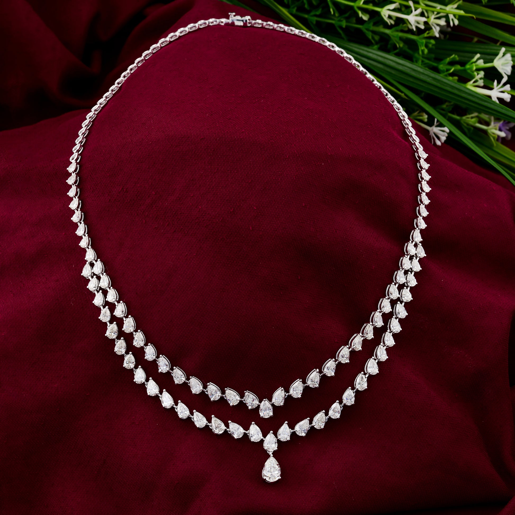 Double Strand Fine Gold 14.81 Carat Pear Cut Natural Diamond Necklace