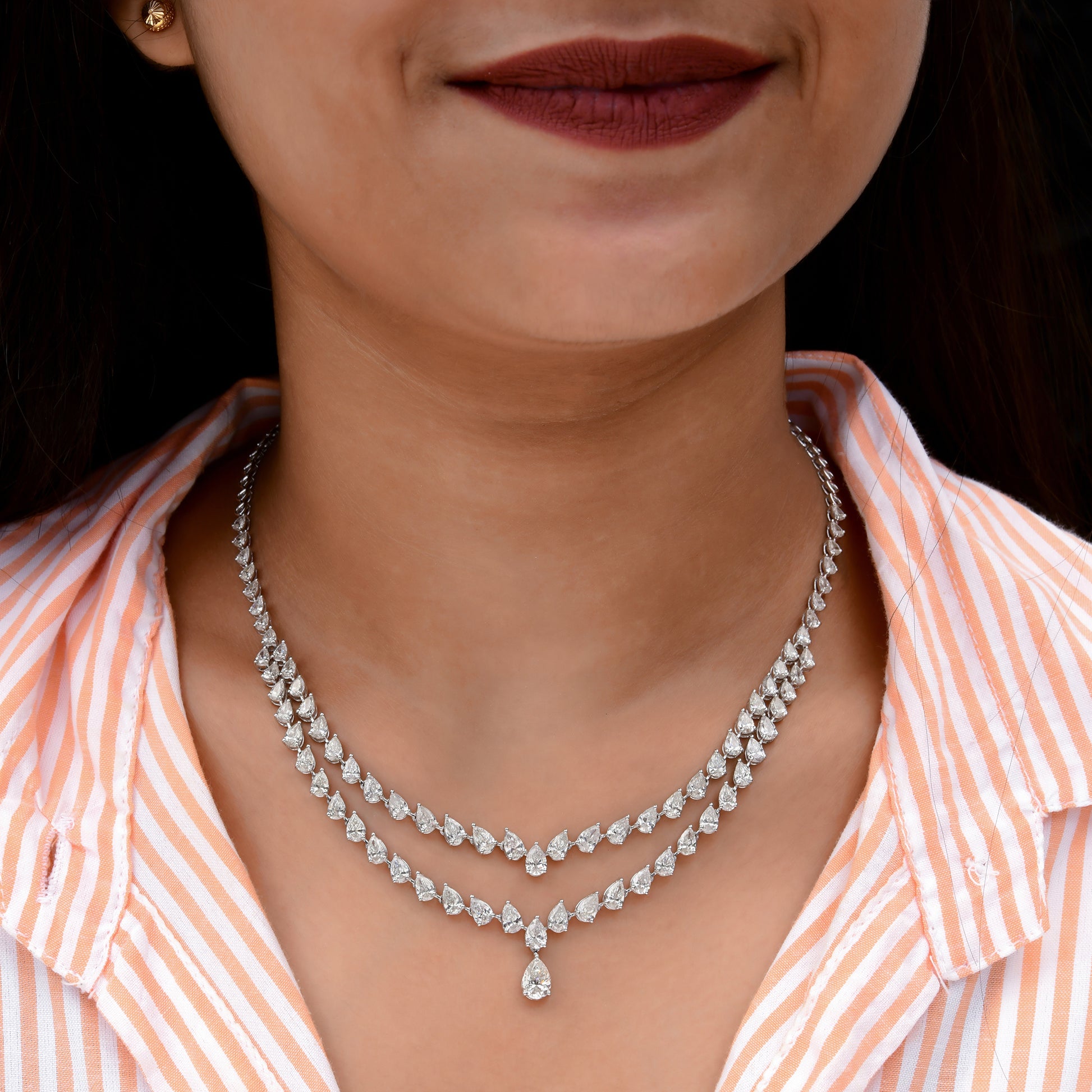 Double Strand Fine Gold 14.81 Carat Pear Cut Natural Diamond Necklace