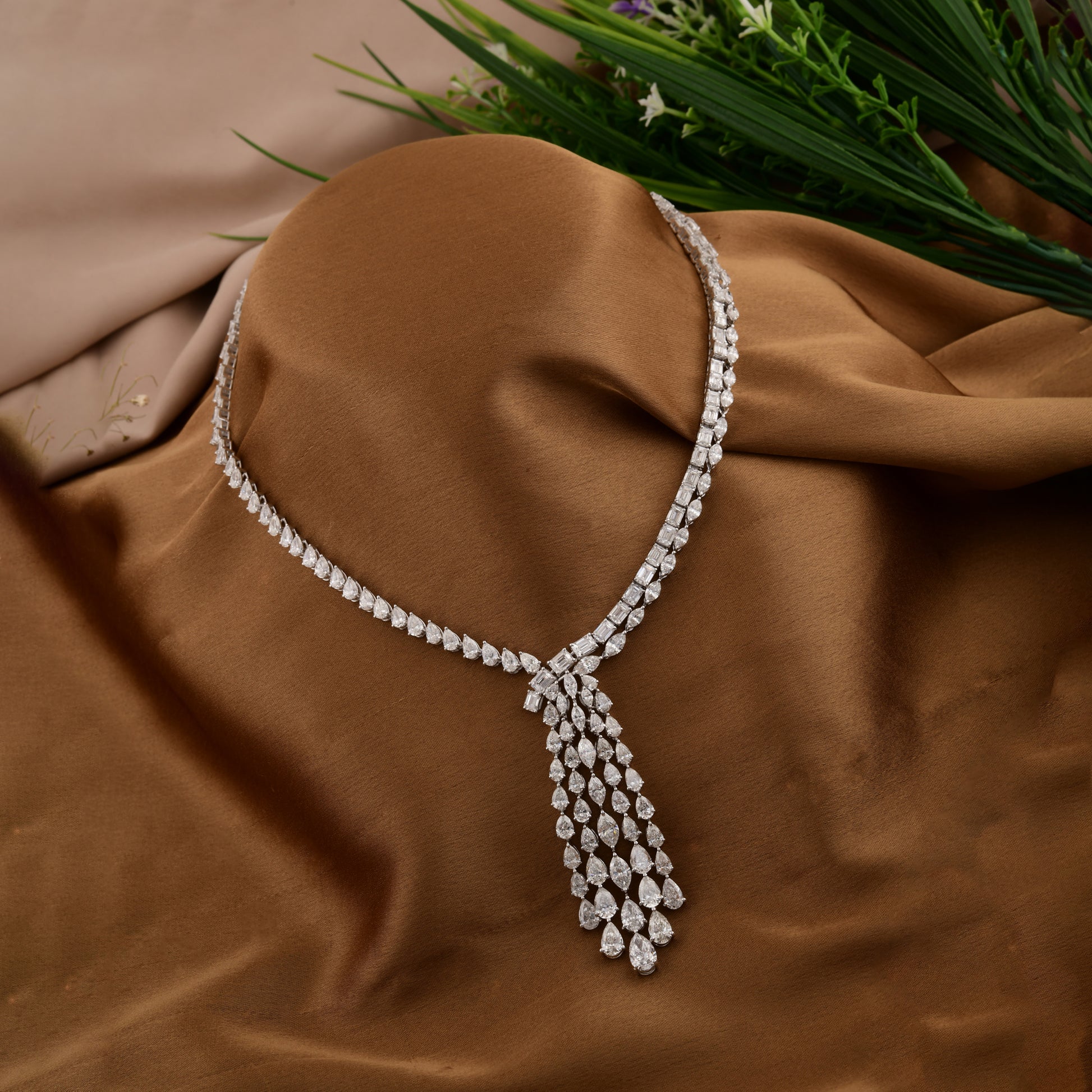 33.17 Ct Natural SI/H Multi Shape Diamond Lariat Cascading Drop Necklace