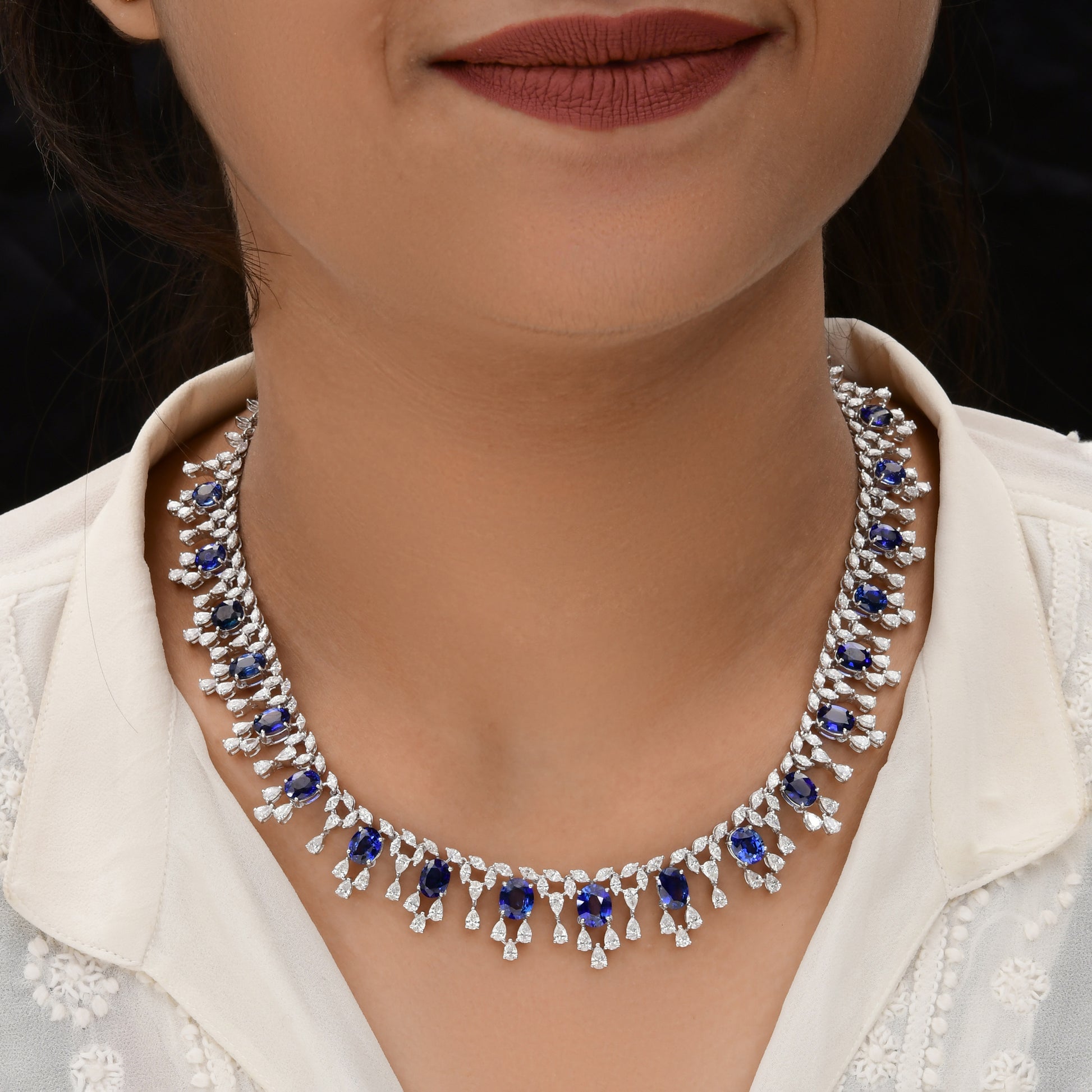 33.04 Tcw Natural Blue Sapphire SI/H Diamond Collar Statement Necklace