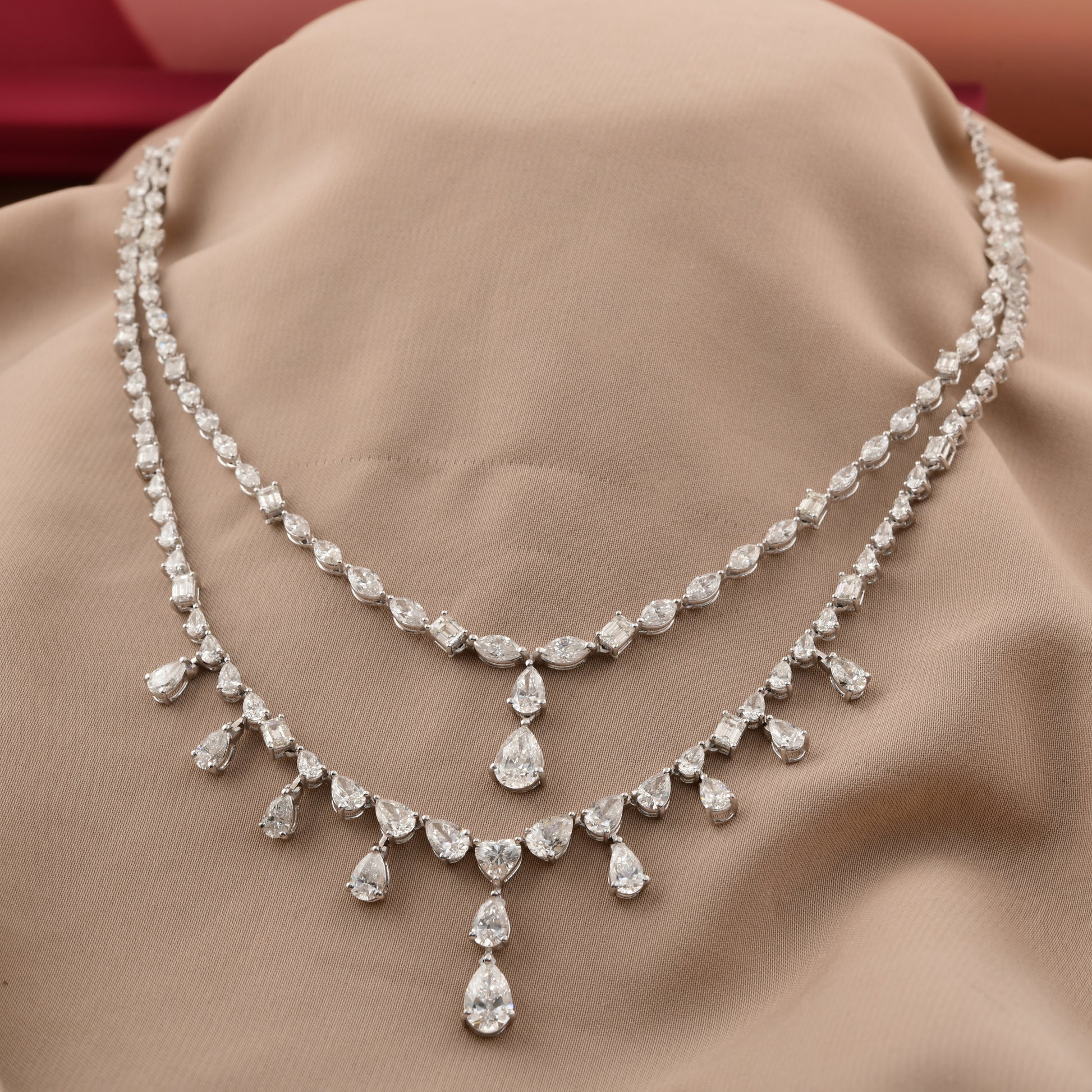 Luxury 18.90Ct Mixed Cut Double Layer Natural Diamond Drop Necklace In Solid Gold