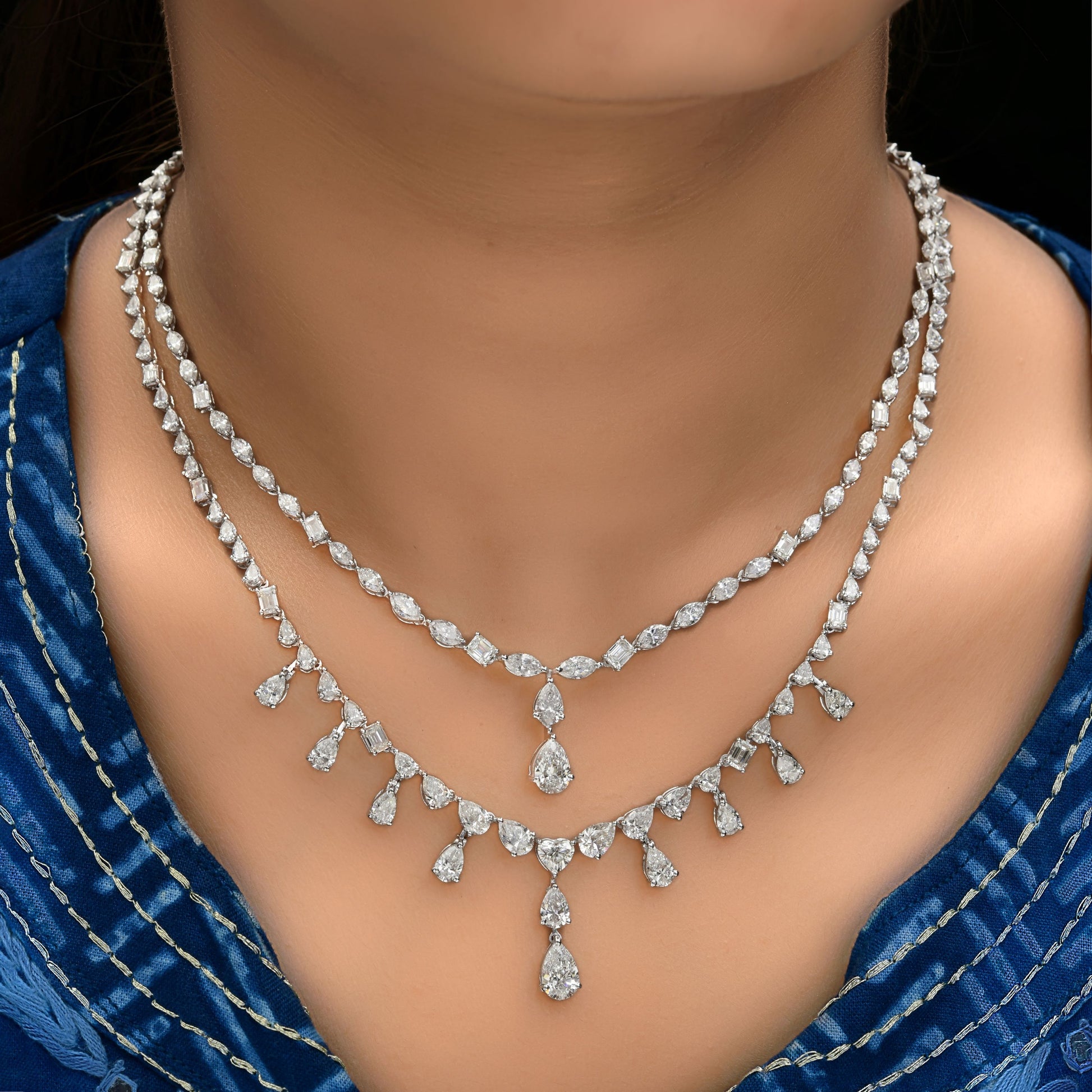 Luxury 18.90Ct Mixed Cut Double Layer Natural Diamond Drop Necklace In Solid Gold