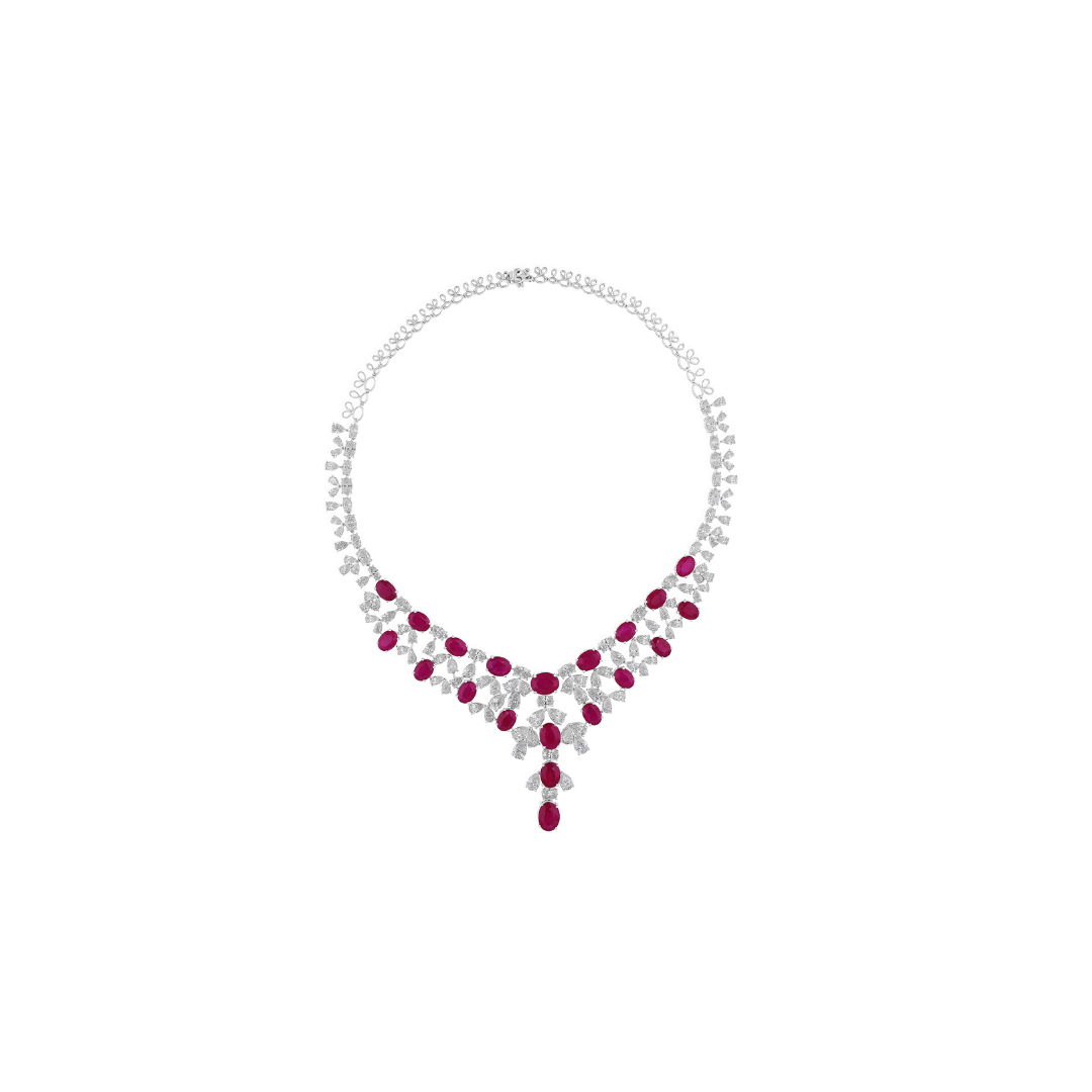 Statement Oval Cut Ruby Gemstone and Diamond Wedding Necklace in Fine Gold