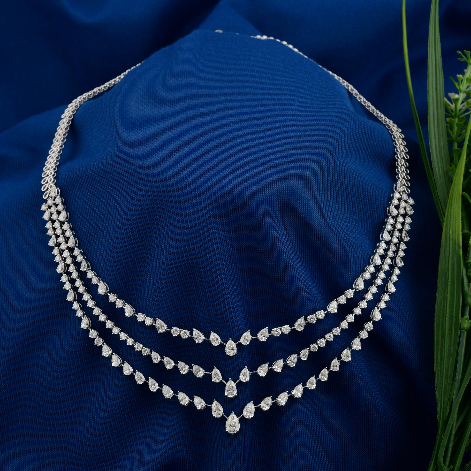 Three Strand Handcrafted Pear Cut Natural Diamond Fine Gold Necklace