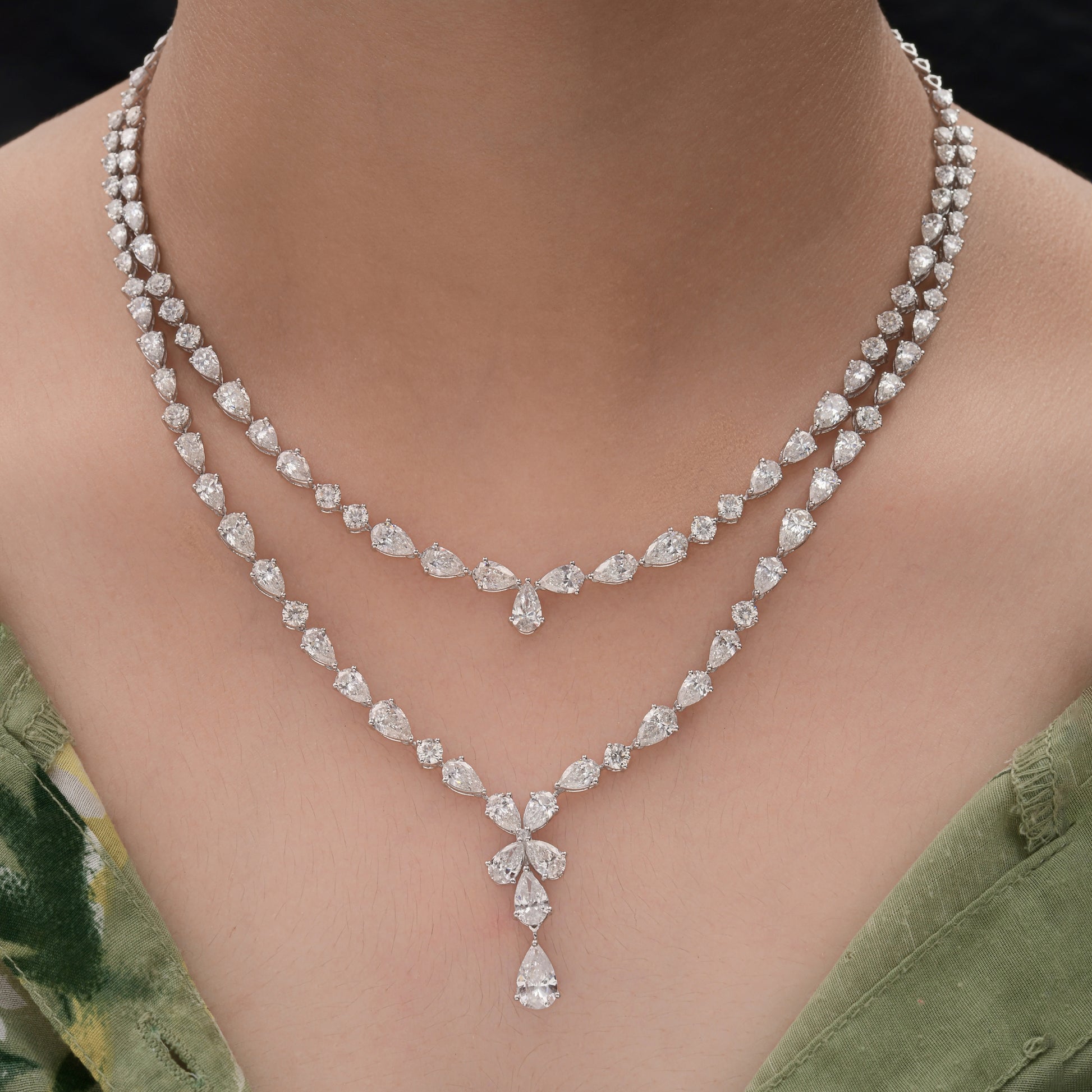 Exquisite Pear Cut Natural Diamond Layered Necklace in Fine Gold