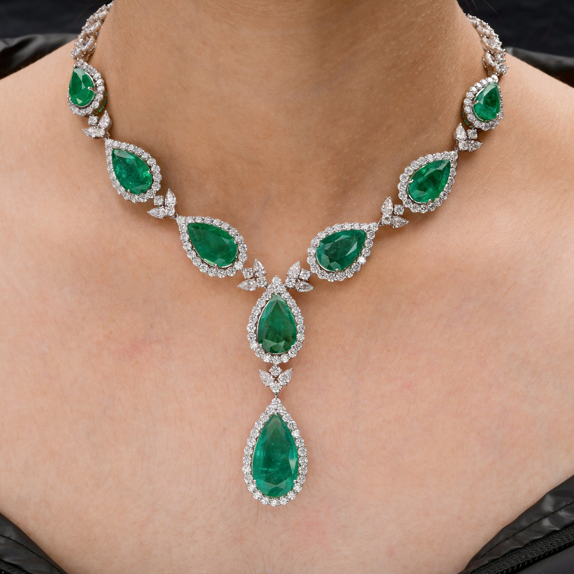 75.21Tcw Certified Fine Gold Zambian Emerald Diamond Drop Classic Necklace For Women