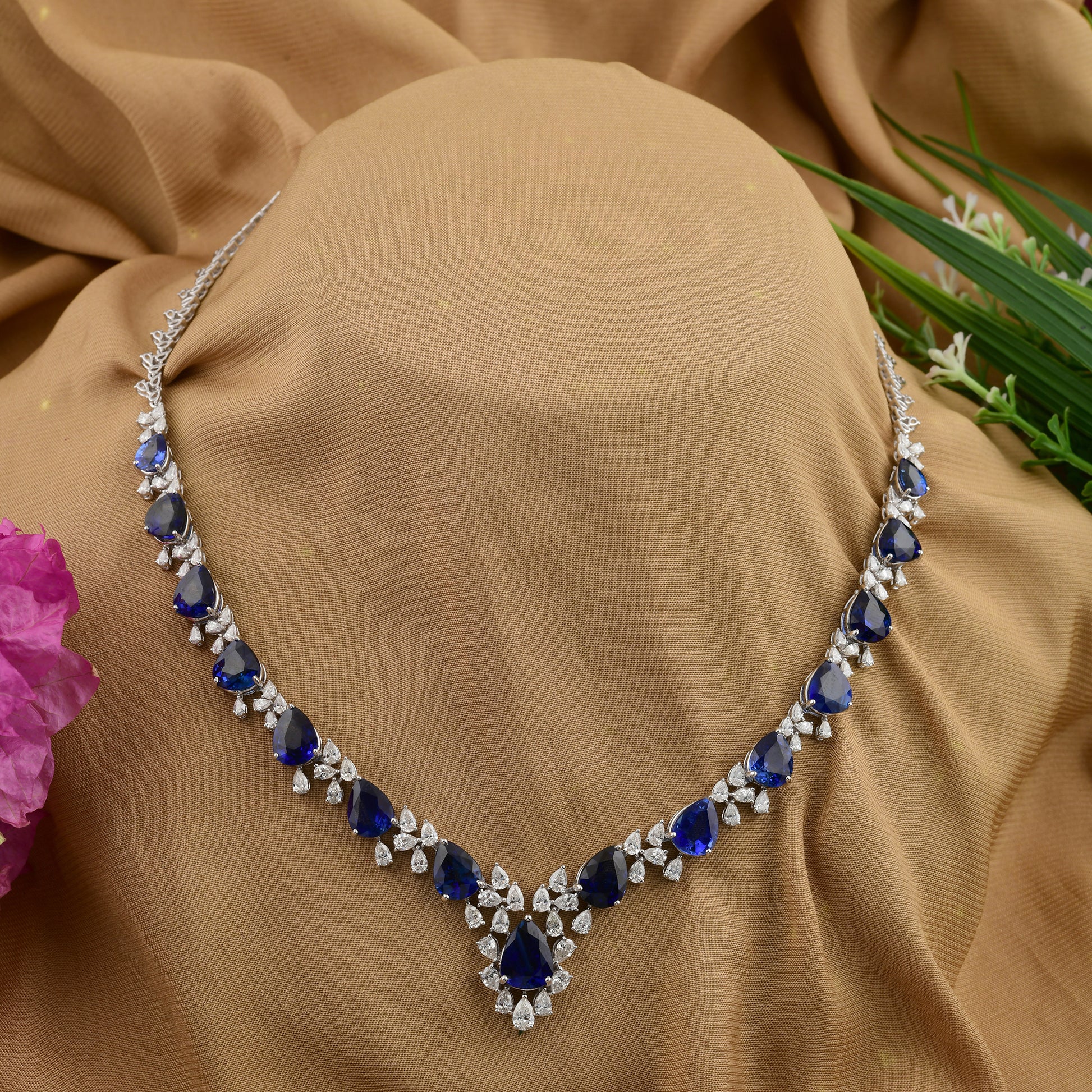 34.99Tcw Statement Pear Cut Royal Blue Sapphire Diamond Cascade Anniversary Necklace