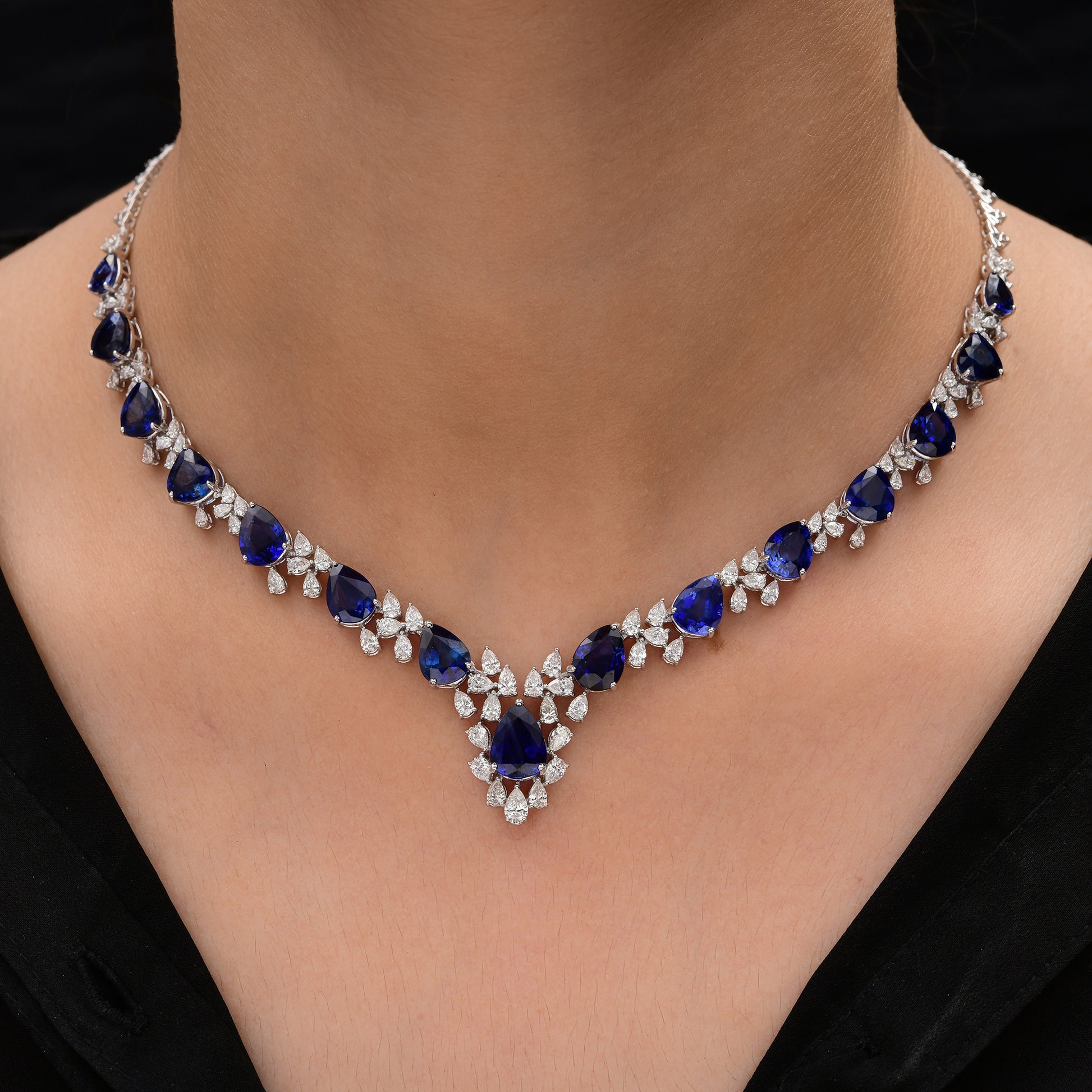 34.99Tcw Statement Pear Cut Royal Blue Sapphire Diamond Cascade Anniversary Necklace