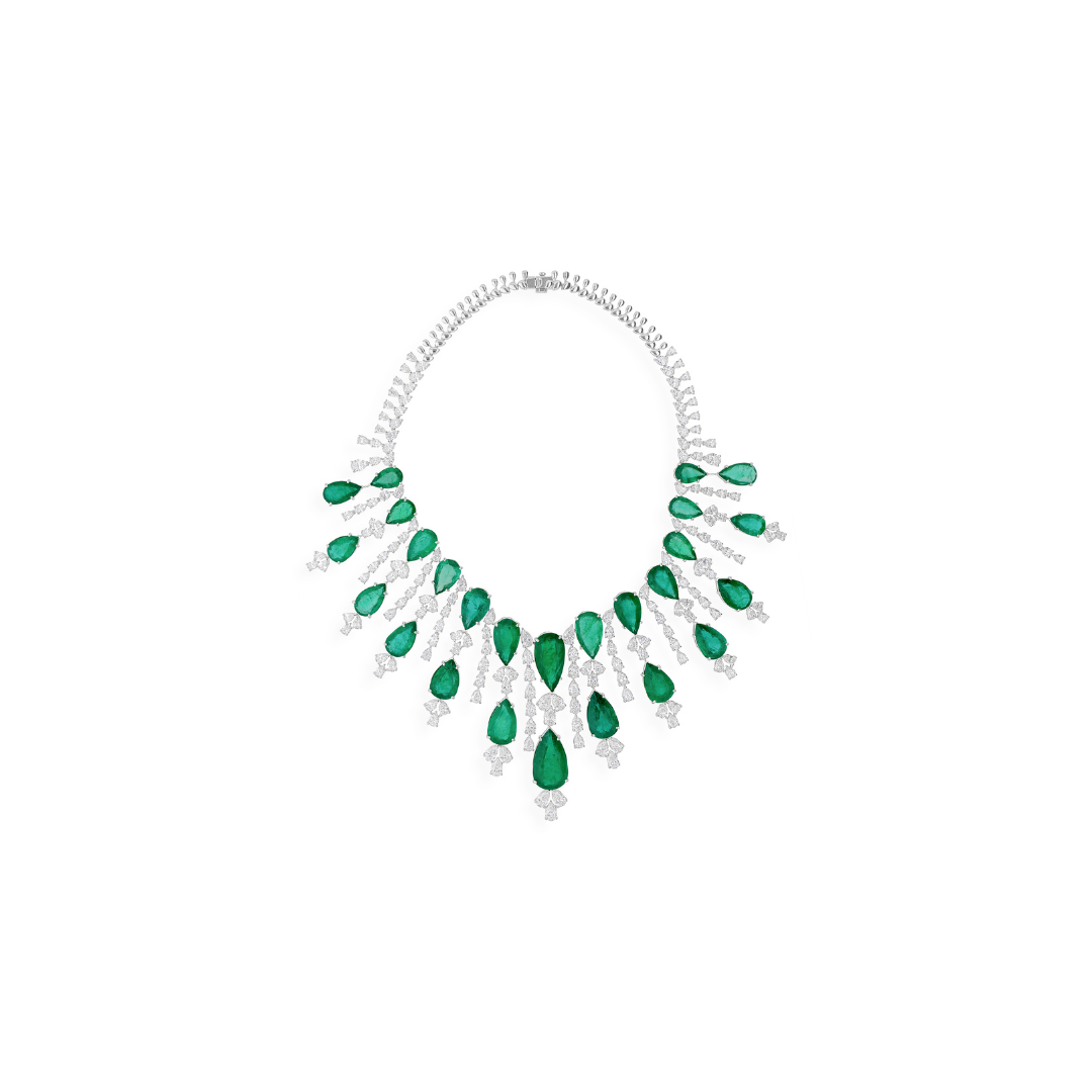 Exquisite Pear Cut Zambian Emerald & Diamond Chandelier Necklace and Earrings