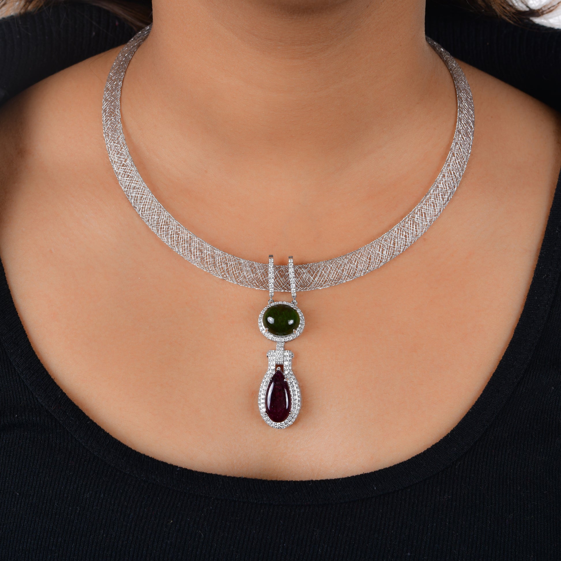 21.96 Tcw H/SI Real Diamond Multi Tourmaline Teardrop Filigree Pendant Necklace