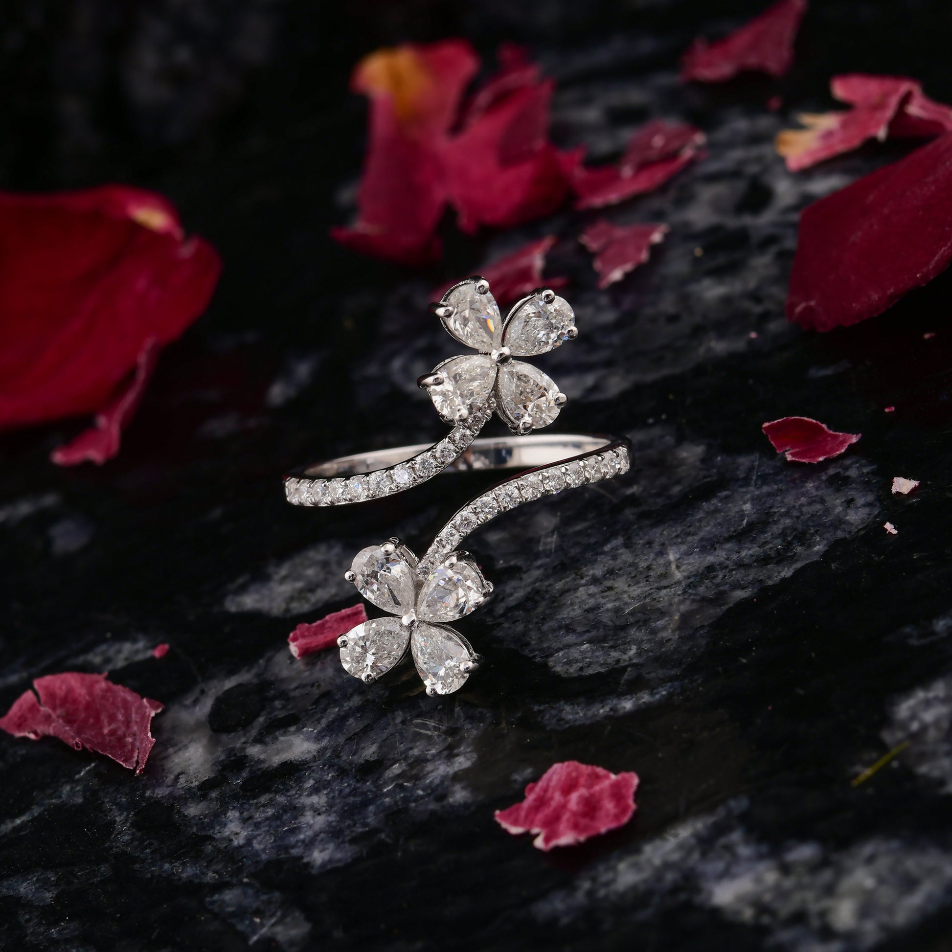 1.39 Carat SI/H Flower Pear Round Cut Diamond Bypass Open Gold Ring