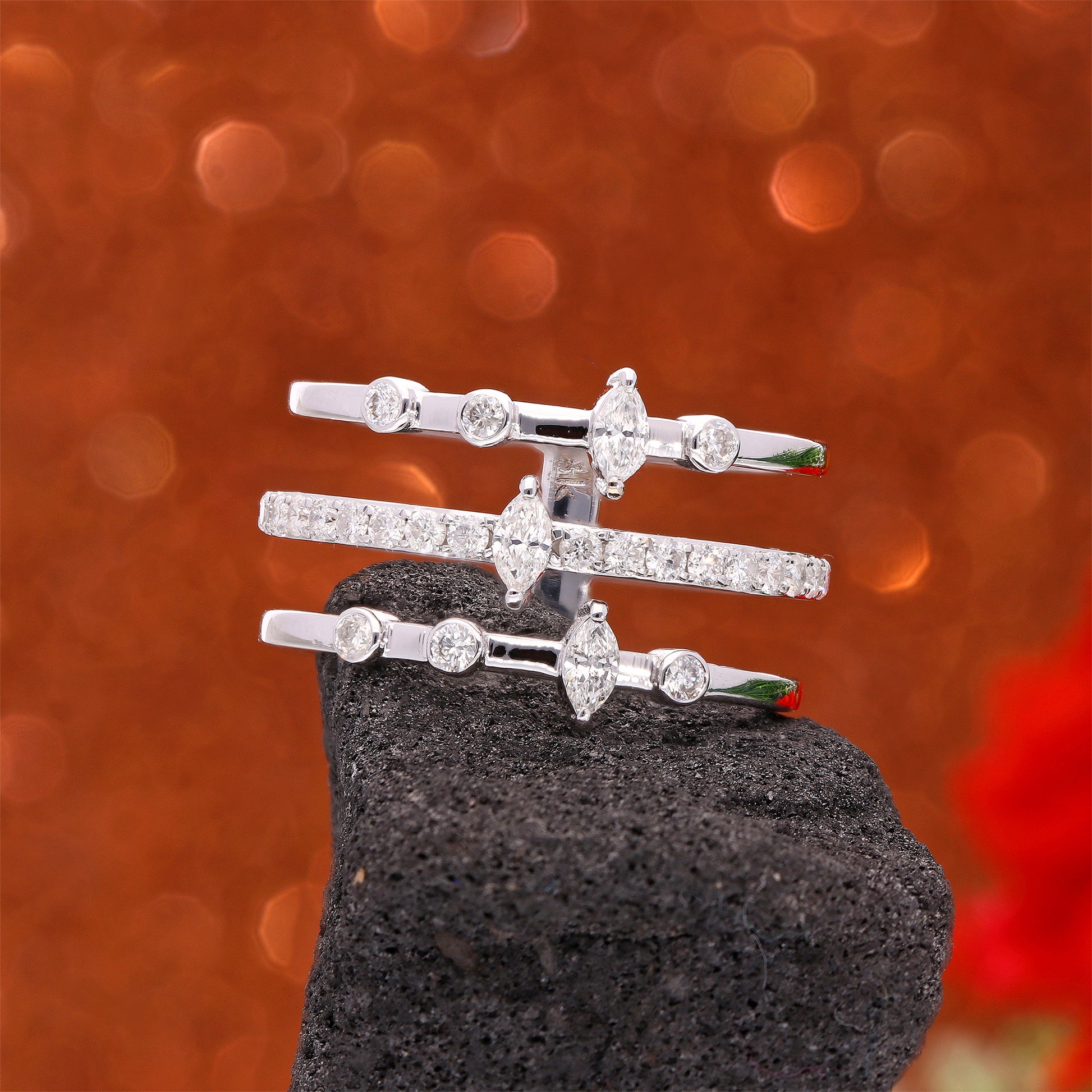 SI/HI Natural Diamond Tri-Band Gold Ring Modern Bridal & Party Wear