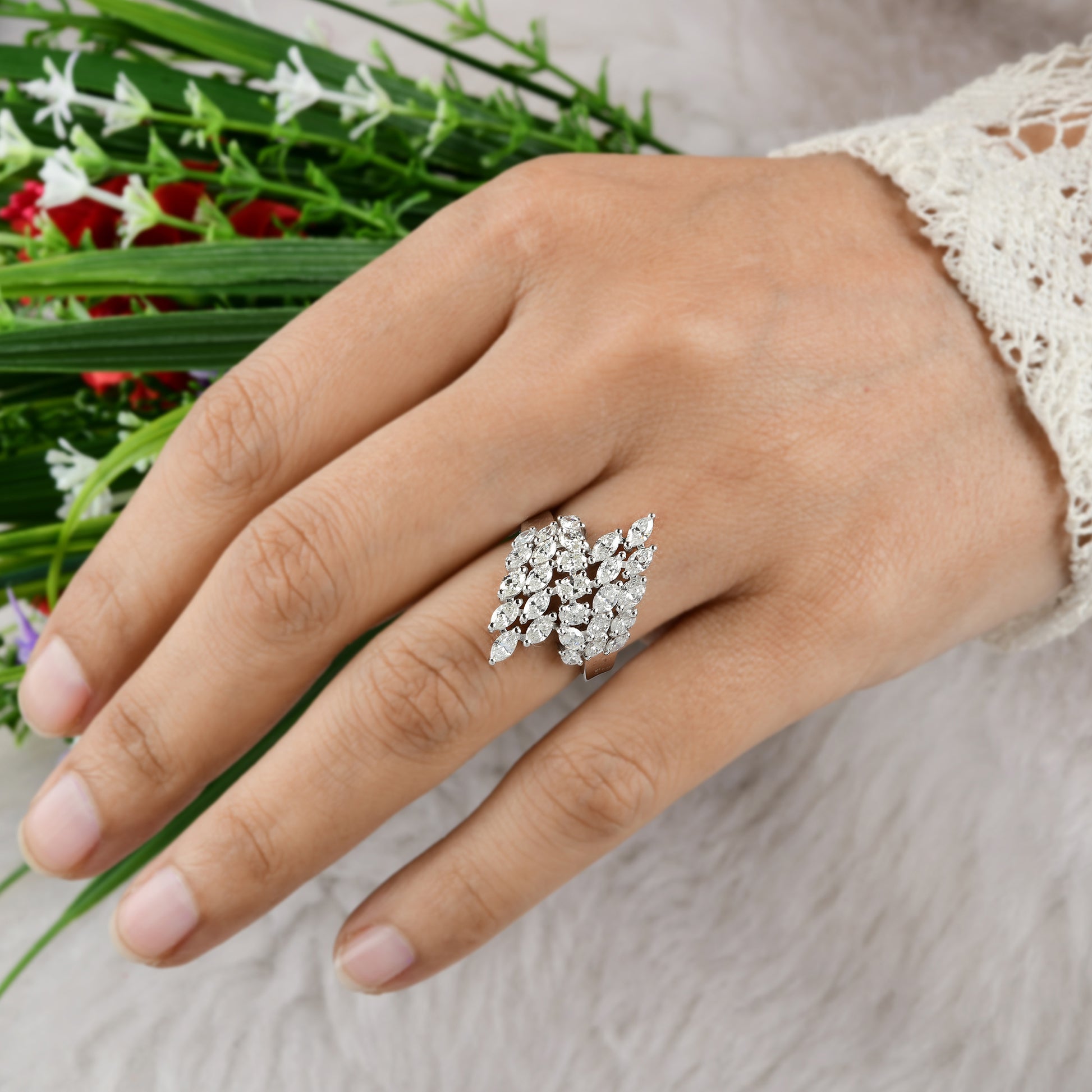 2.10 Ct Natural HI/SI Multi Shape Diamond Cocktail Gold Ring Anniversary Gift