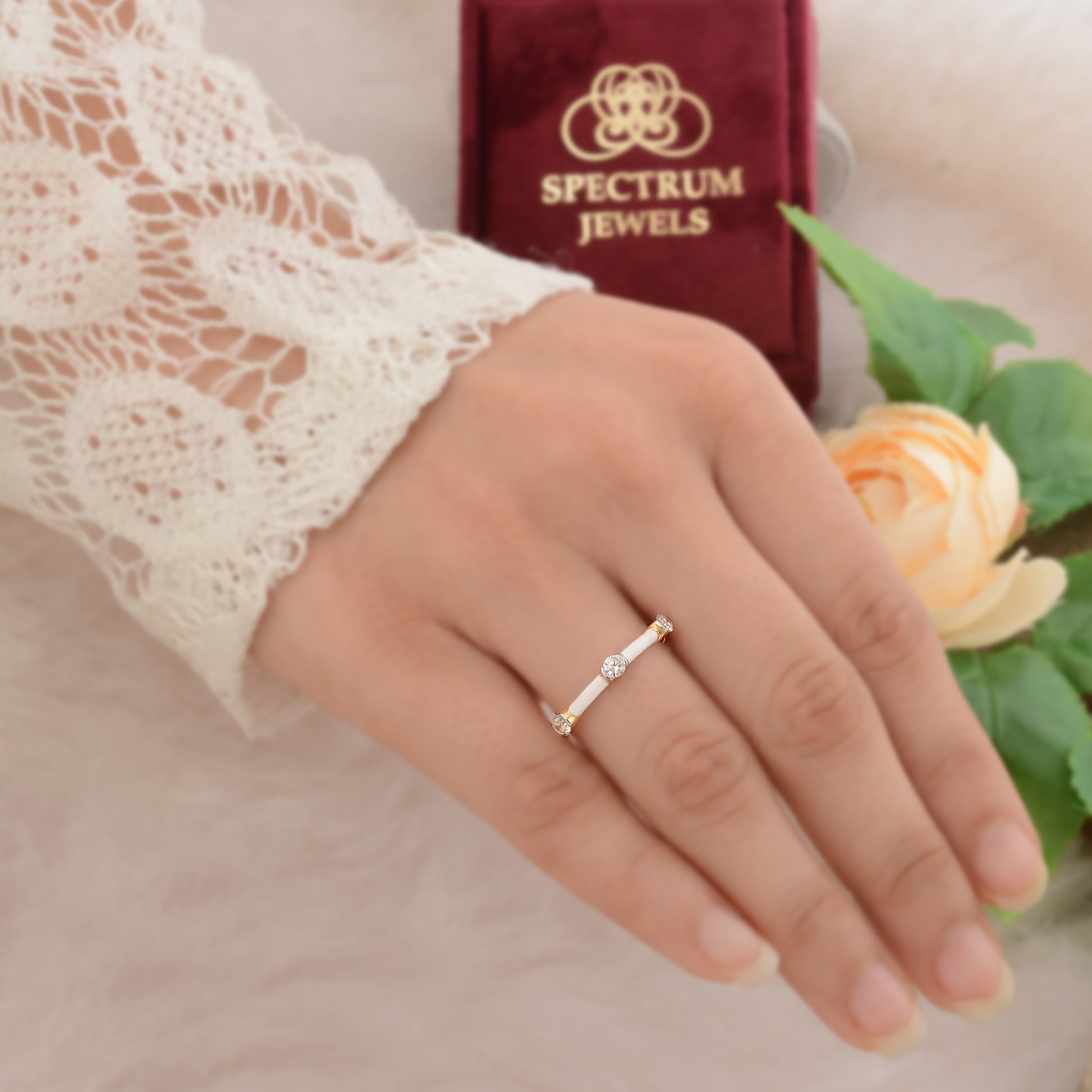 0.55 Ct. Round Bezel Set Diamond Enamel Eternity Gold Band Ring