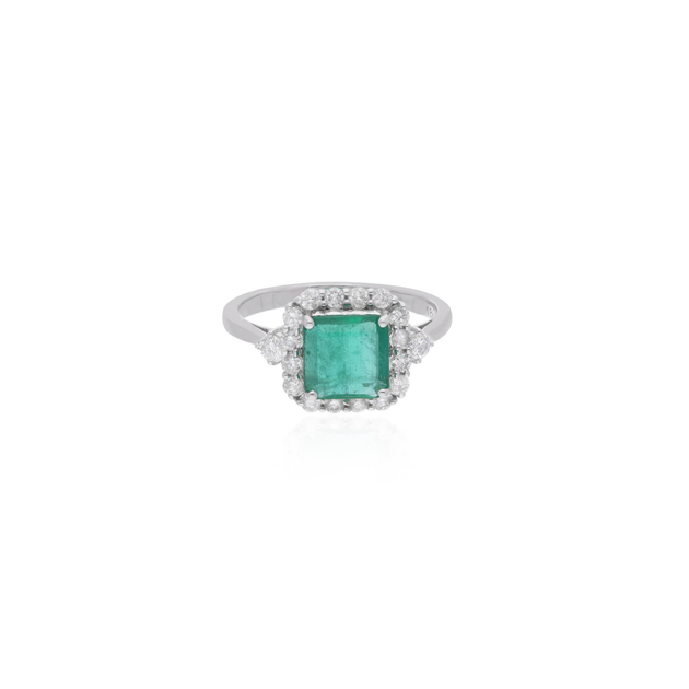 Natural Certified Zambian Emerald Ring with Diamond Halo